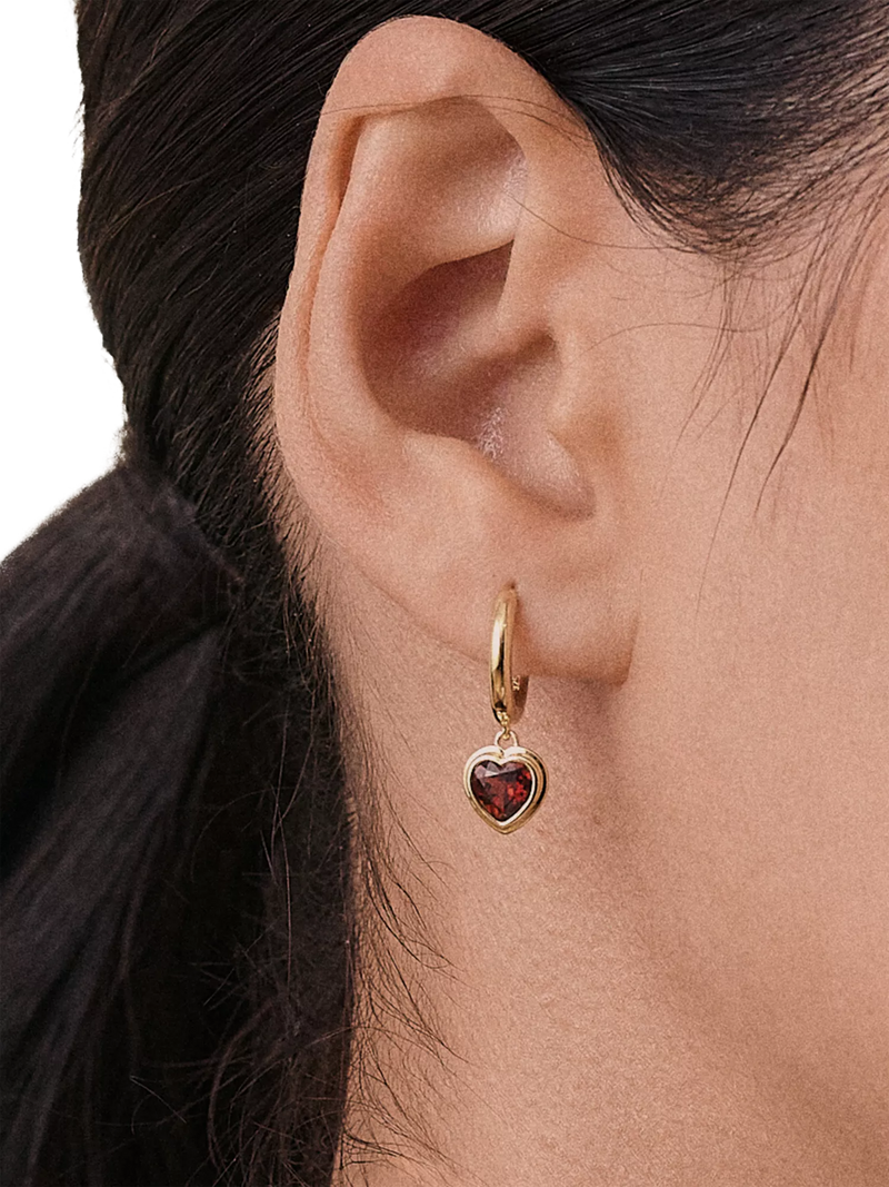 Edge of Ember gold plated garnet heart hoop earrings (British brand)