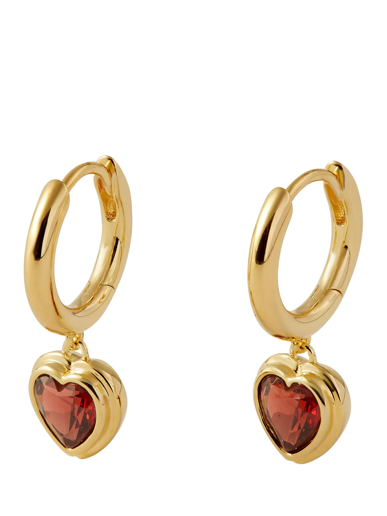 Edge of Ember gold plated garnet heart hoop earrings (British brand)