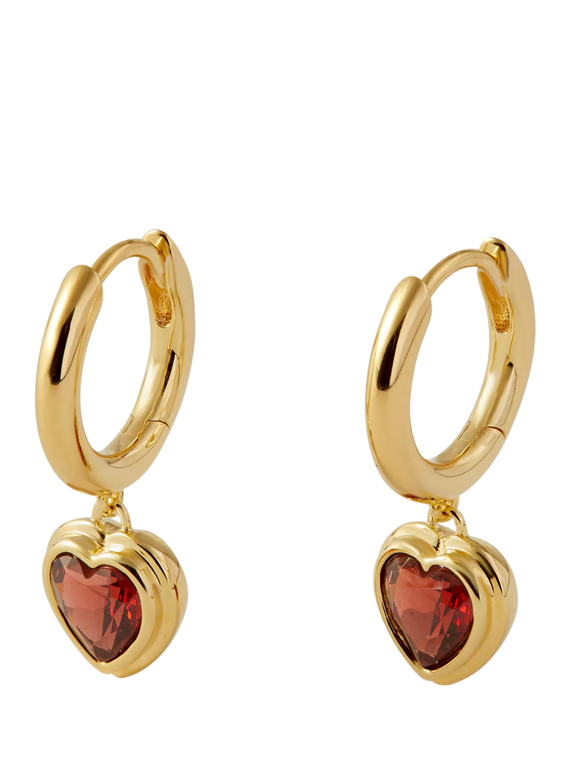 Edge of Ember gold plated garnet heart hoop earrings (British brand)