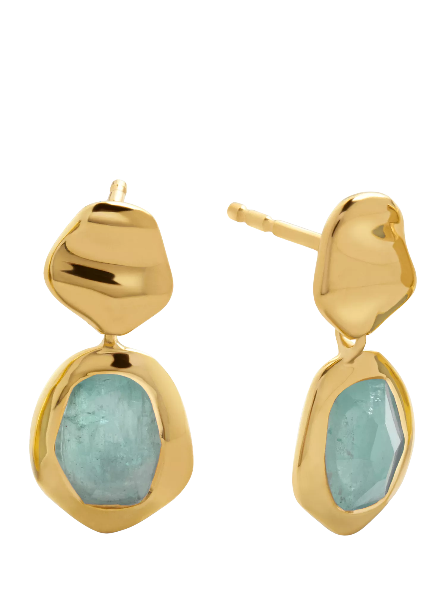 Monica Vinader gold drop earrings with blue aquamarine, imported from the UK