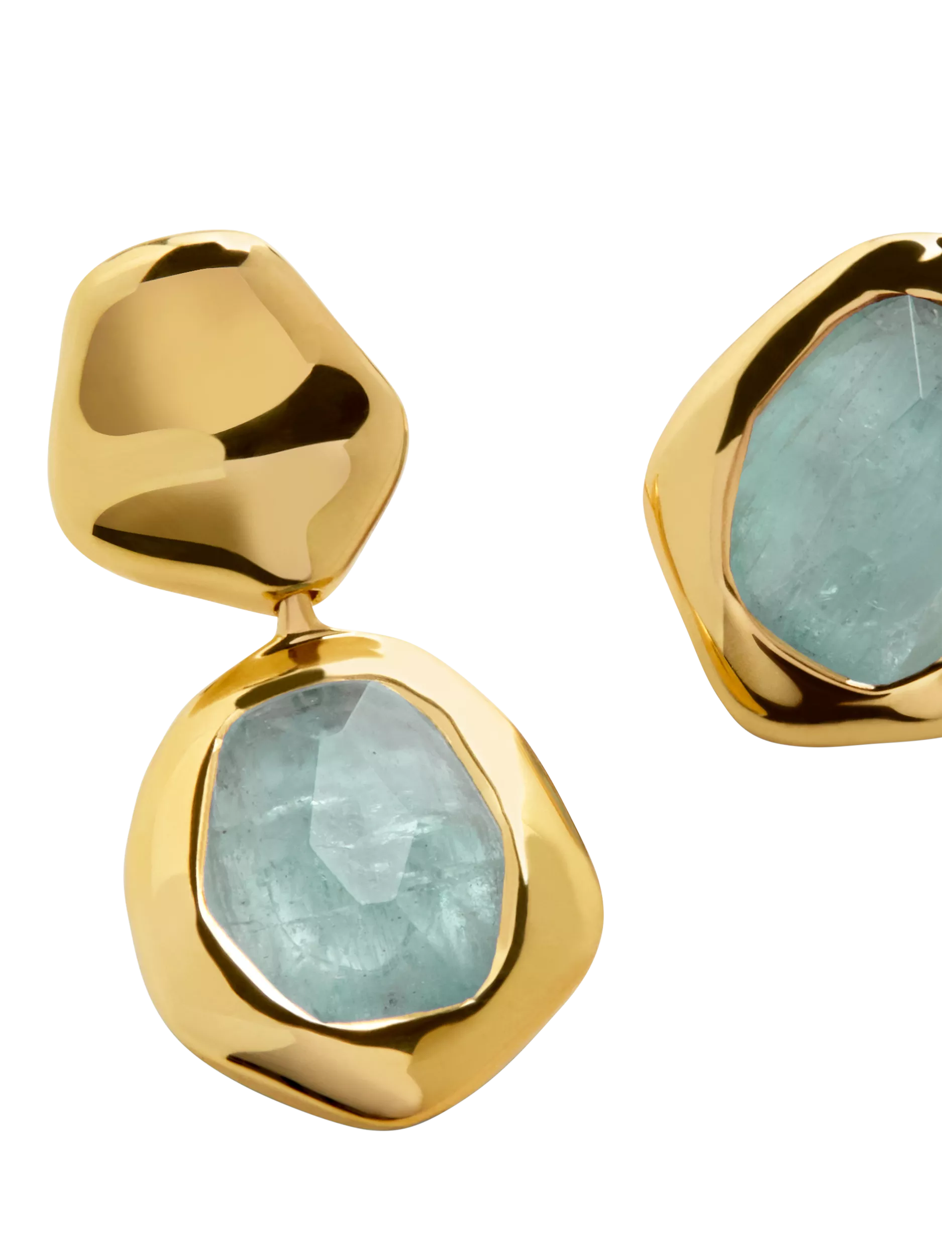 Monica Vinader gold drop earrings with blue aquamarine, imported from the UK