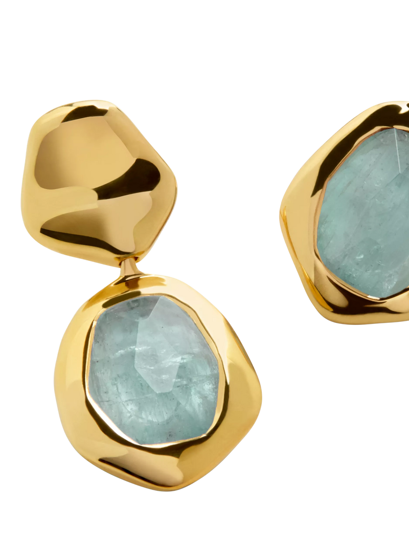Monica Vinader gold drop earrings with blue aquamarine, imported from the UK