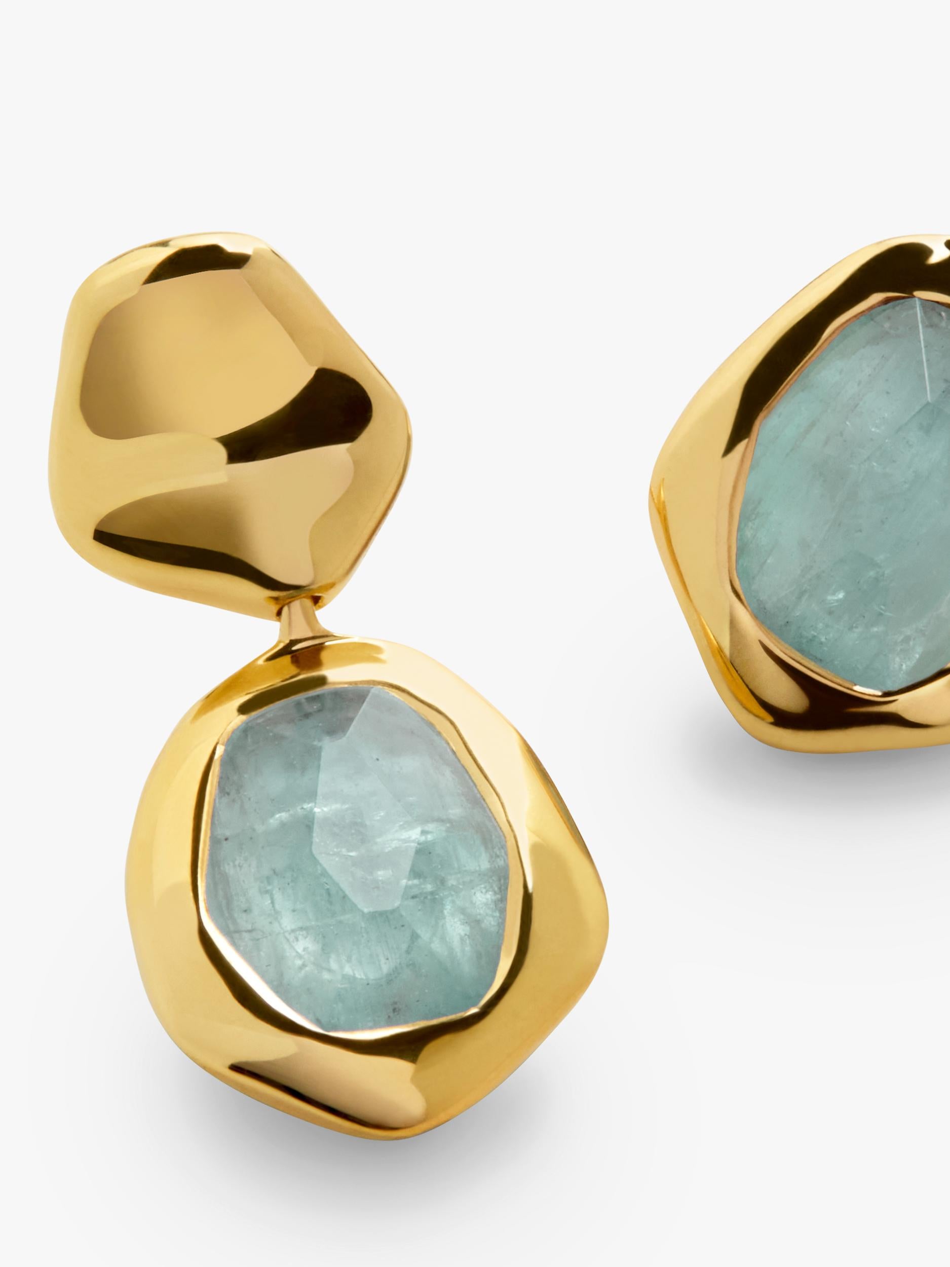 Monica Vinader gold drop earrings with blue aquamarine, imported from the UK