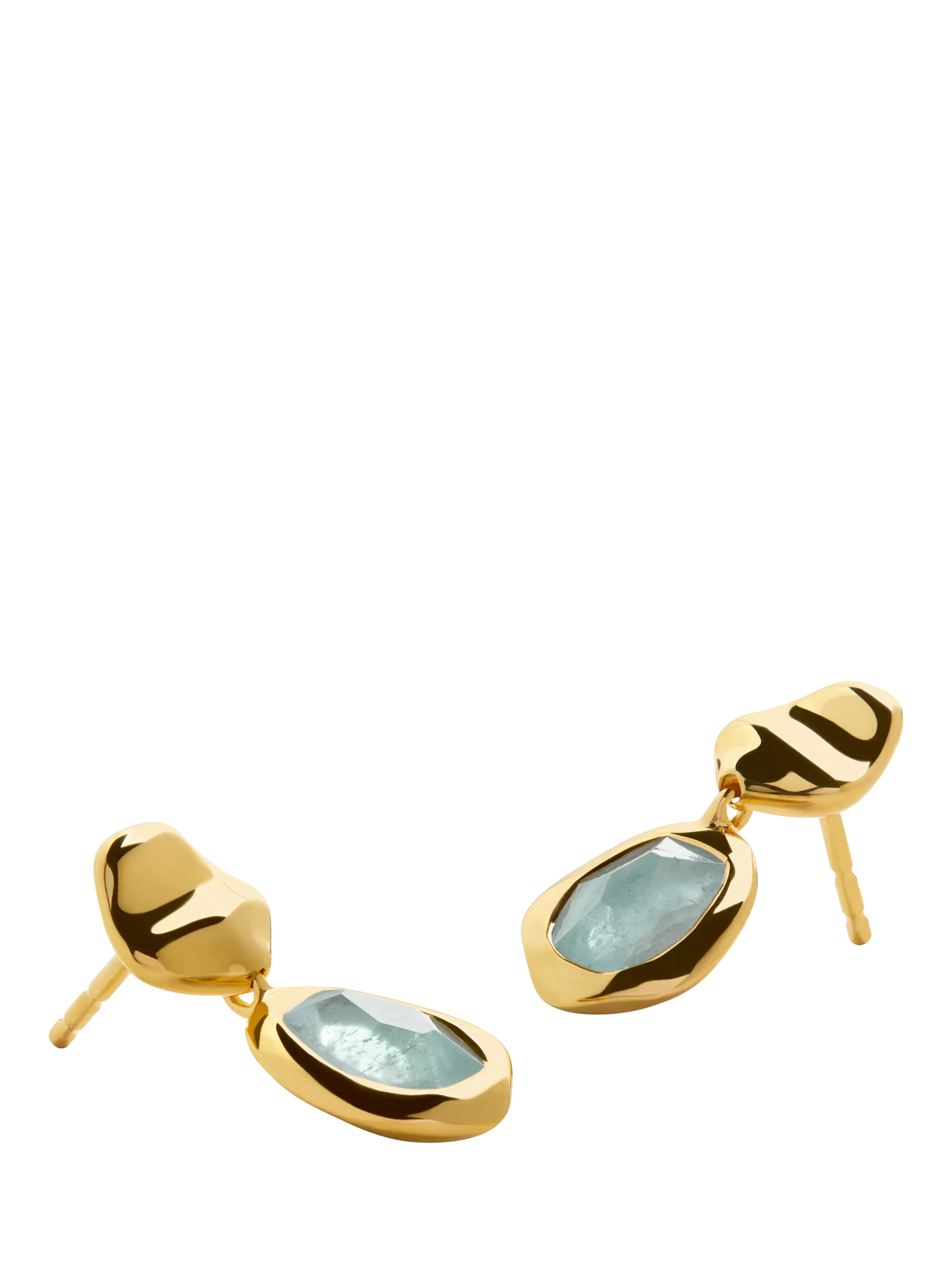 Monica Vinader gold drop earrings with blue aquamarine, imported from the UK