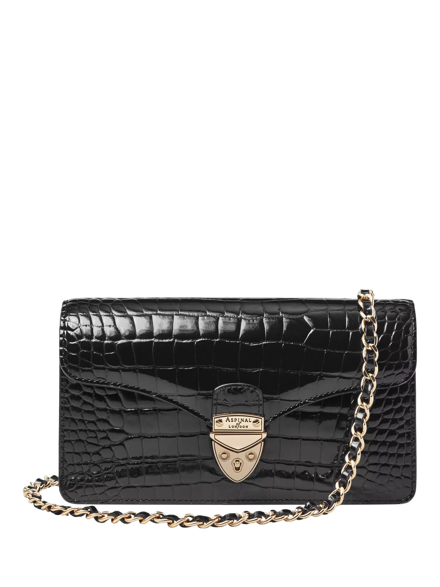 Aspinal of London patent croc clutch bag in black, imported from the UK