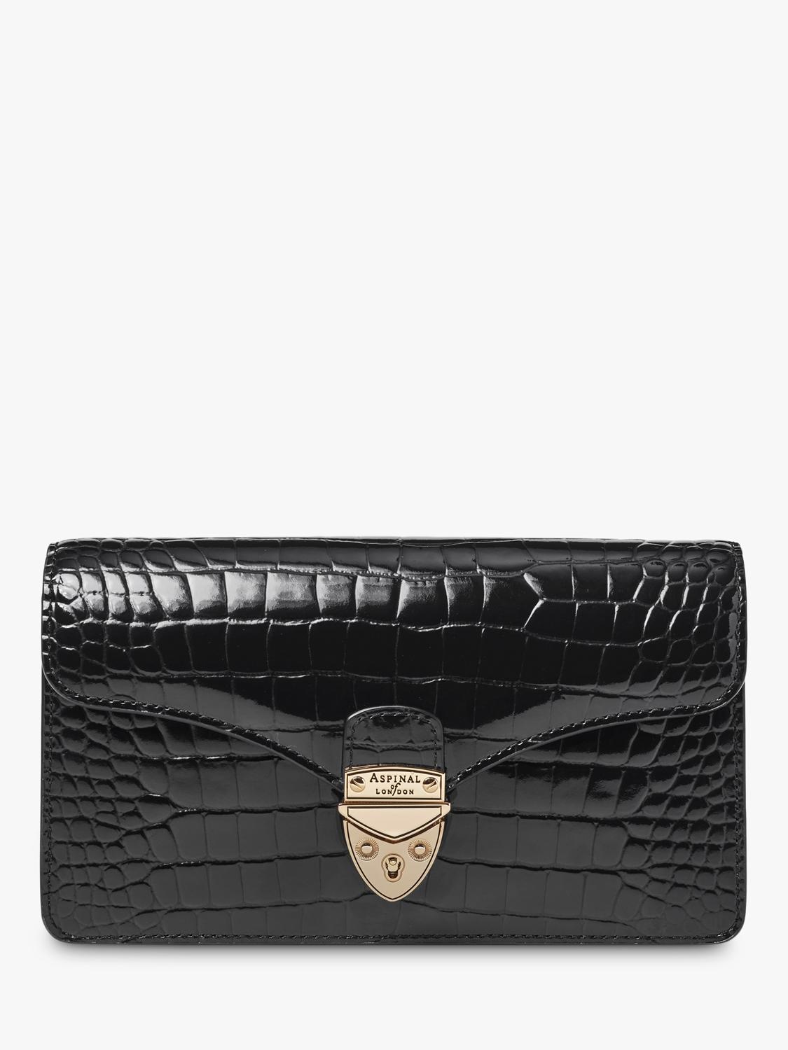 Aspinal of London patent croc clutch bag in black, imported from the UK