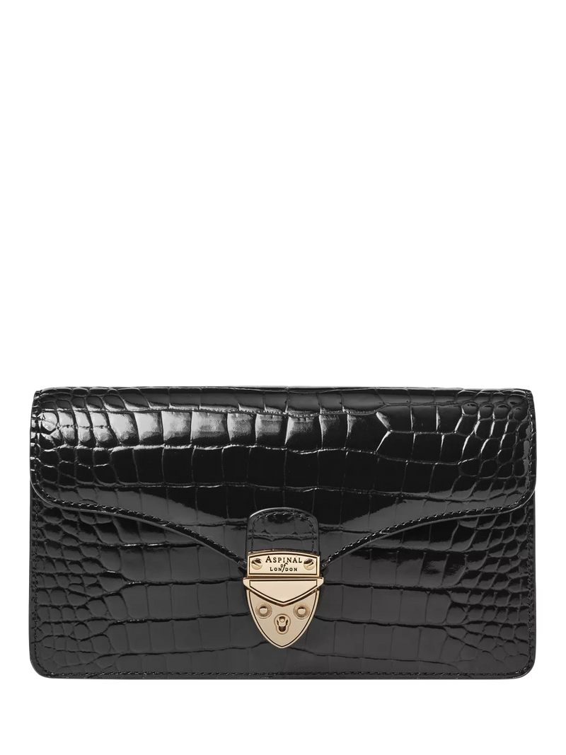 Aspinal of London patent croc clutch bag in black, imported from the UK