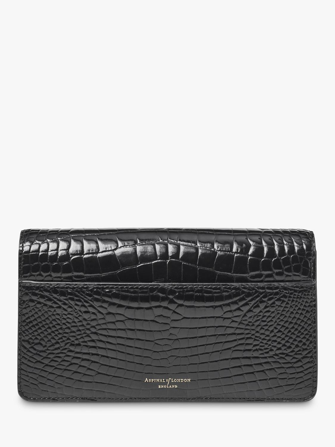 Aspinal of London patent croc clutch bag in black, imported from the UK
