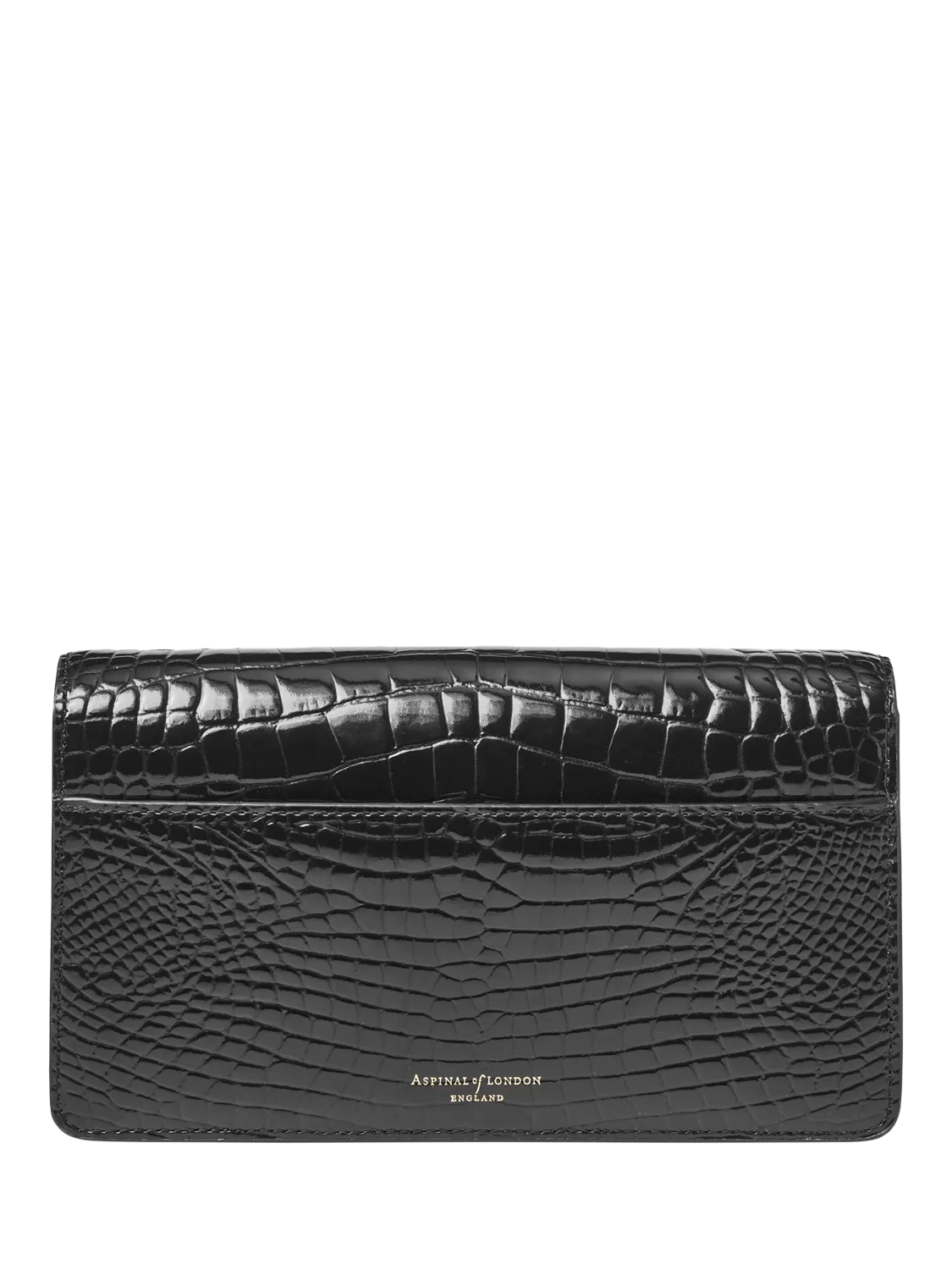 Aspinal of London patent croc clutch bag in black, imported from the UK