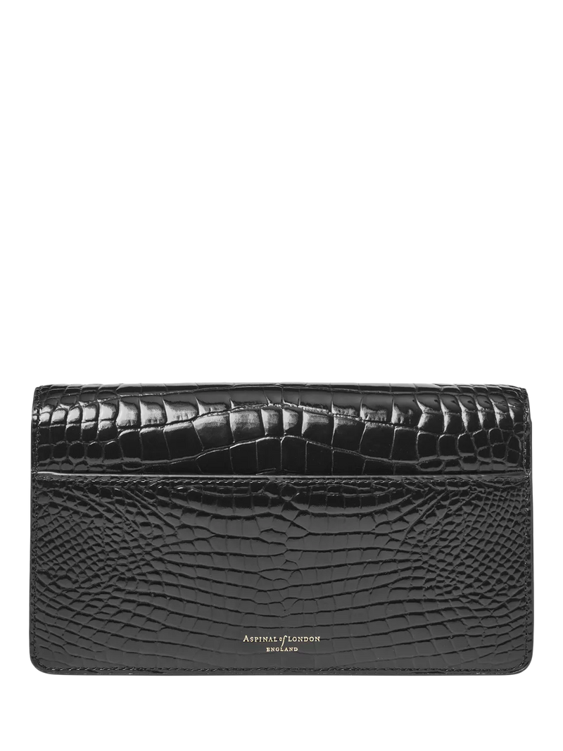 Aspinal of London patent croc clutch bag in black, imported from the UK