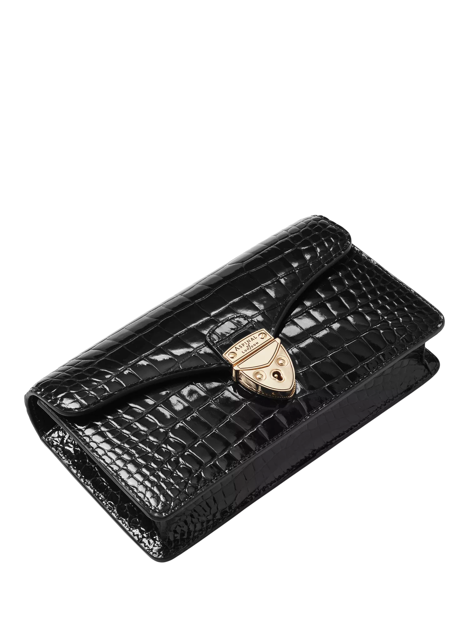 Aspinal of London patent croc clutch bag in black, imported from the UK