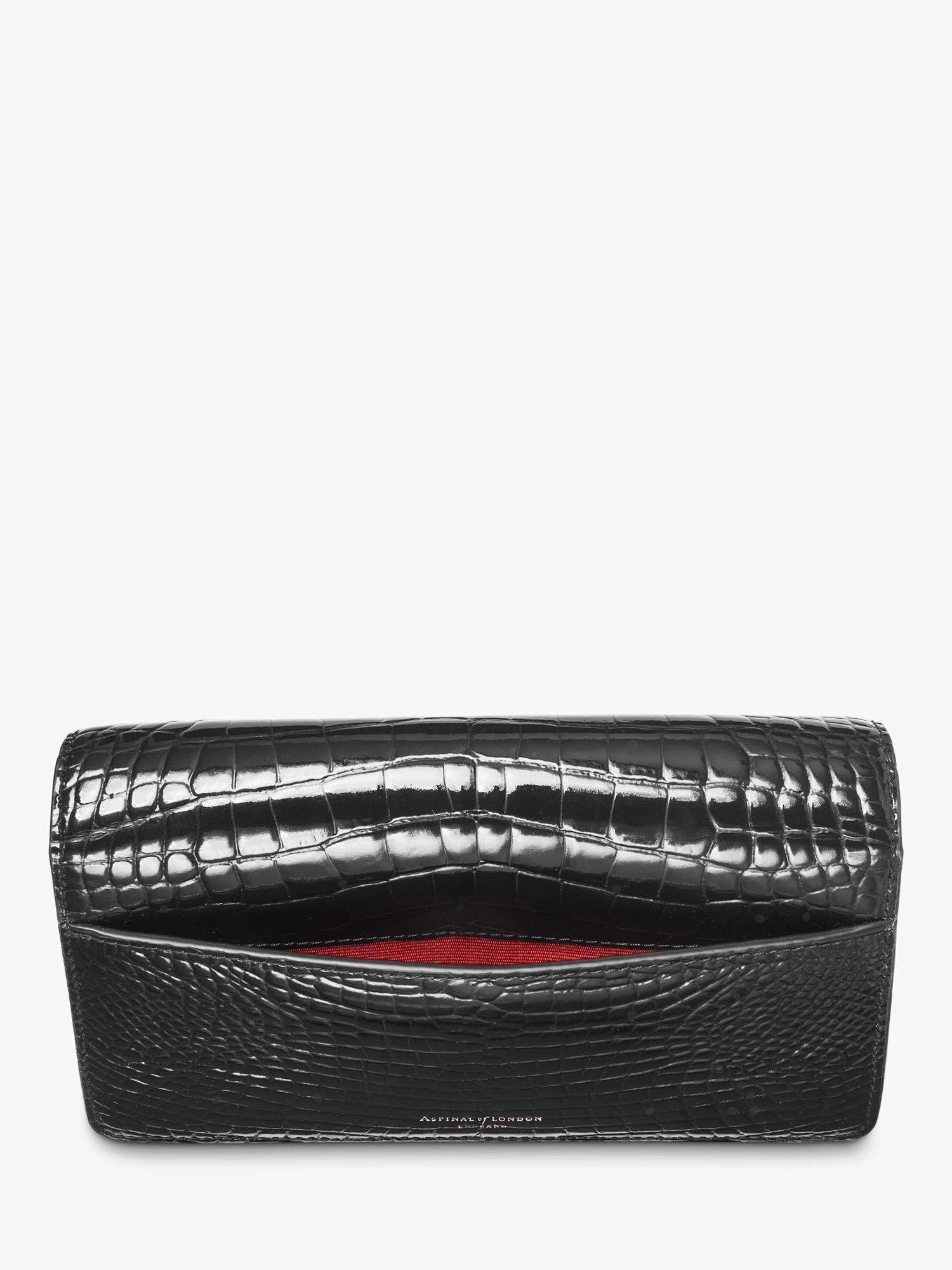 Aspinal of London patent croc clutch bag in black, imported from the UK