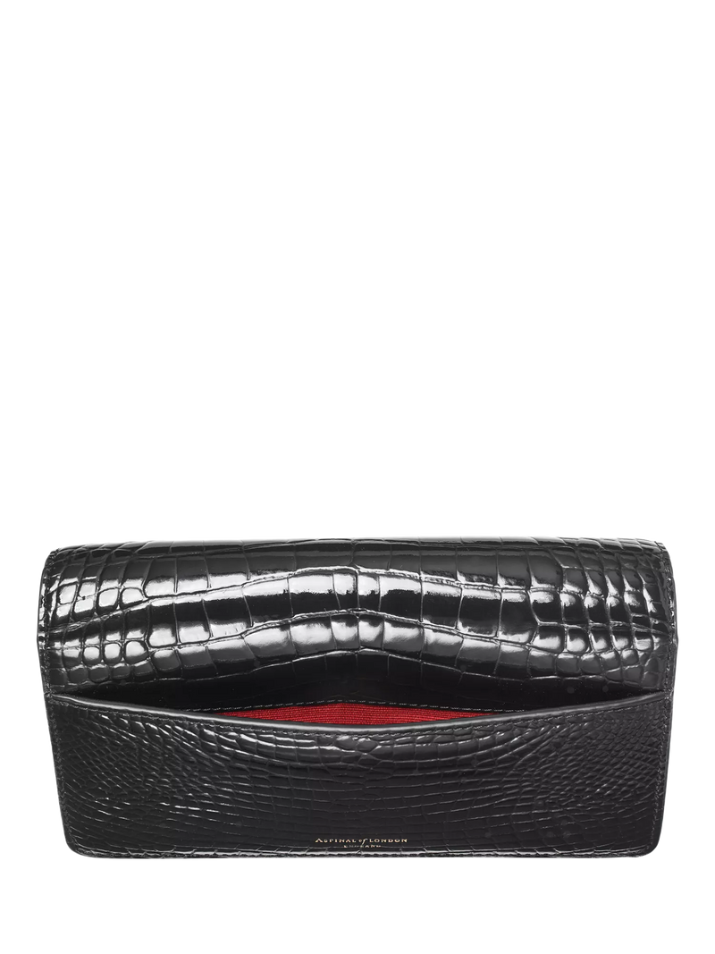 Aspinal of London patent croc clutch bag in black, imported from the UK