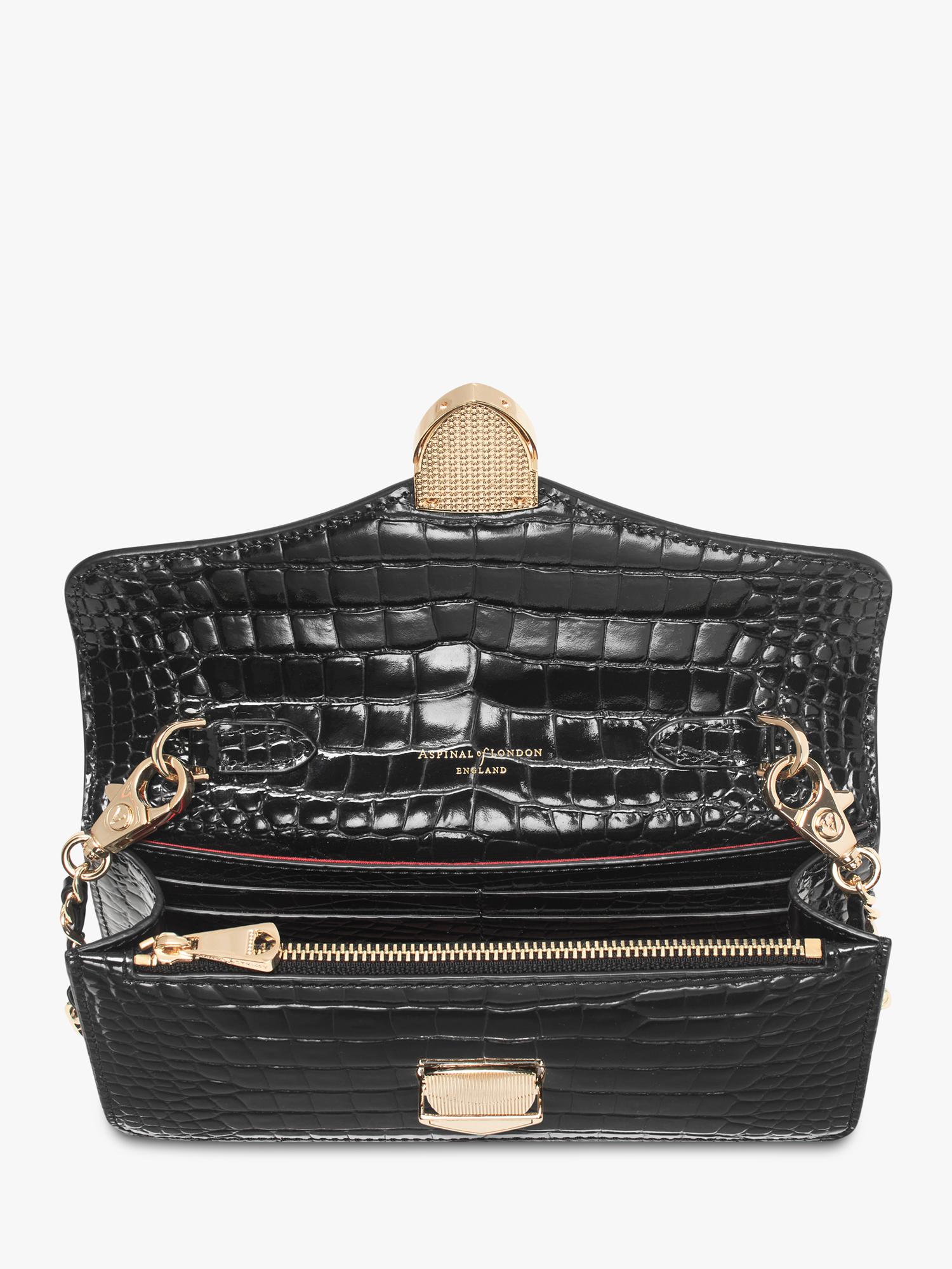 Aspinal of London patent croc clutch bag in black, imported from the UK