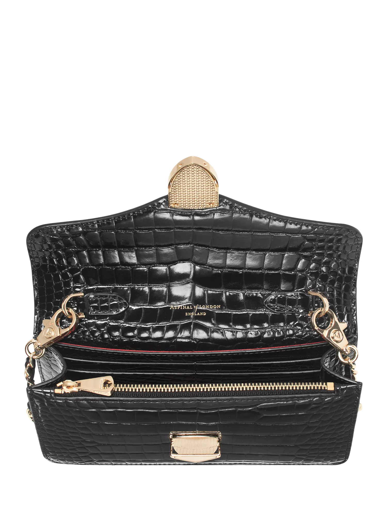 Aspinal of London patent croc clutch bag in black, imported from the UK