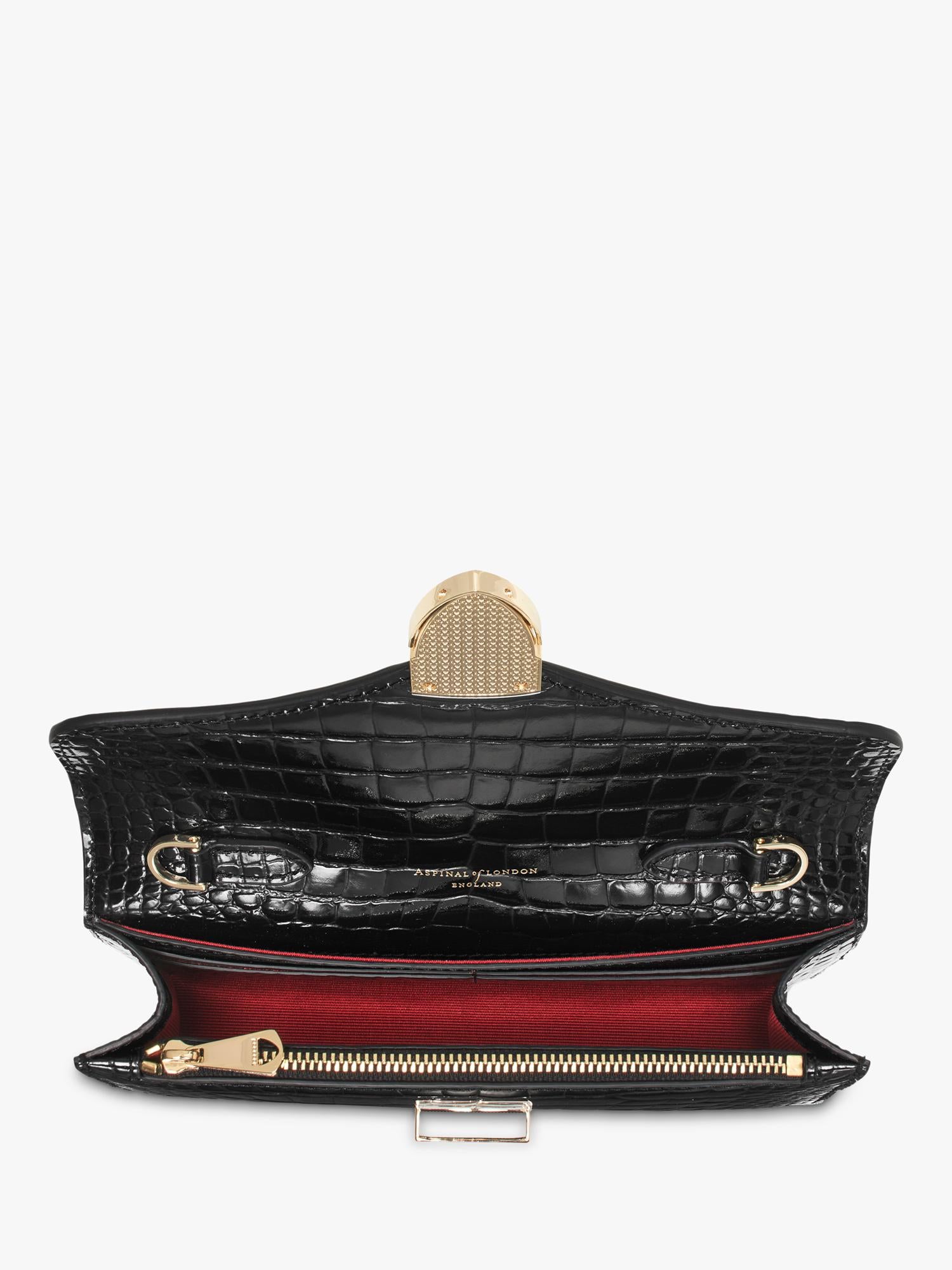 Aspinal of London patent croc clutch bag in black, imported from the UK