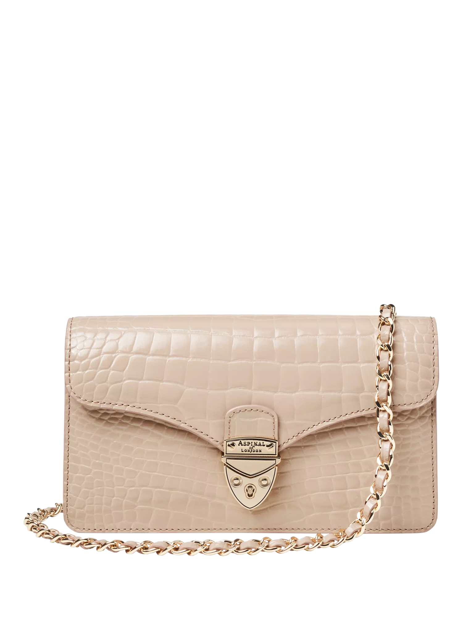 Aspinal of London Mayfair leather patent croc clutch bag taupe - British product