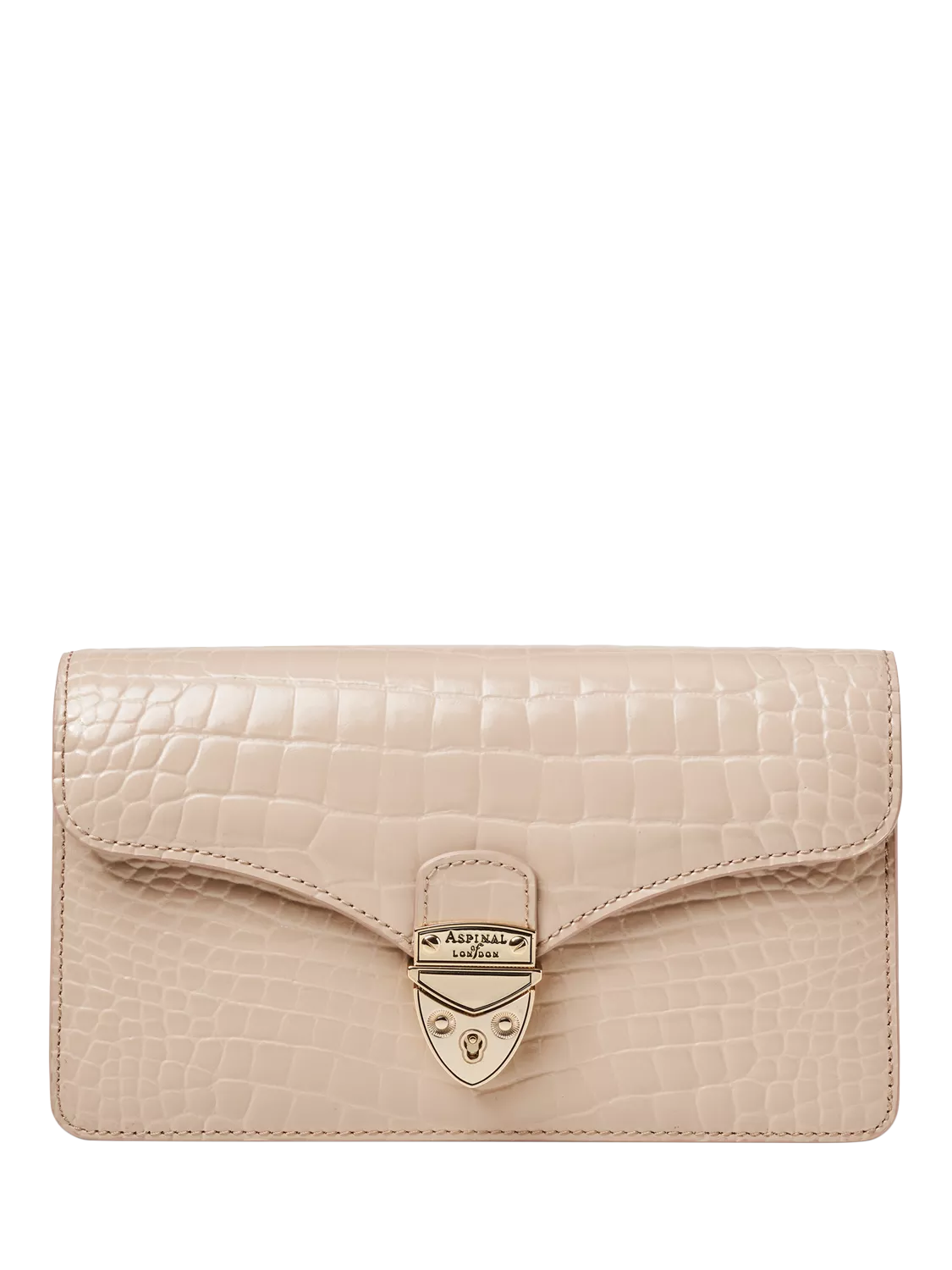Aspinal of London Mayfair leather patent croc clutch bag taupe - British product