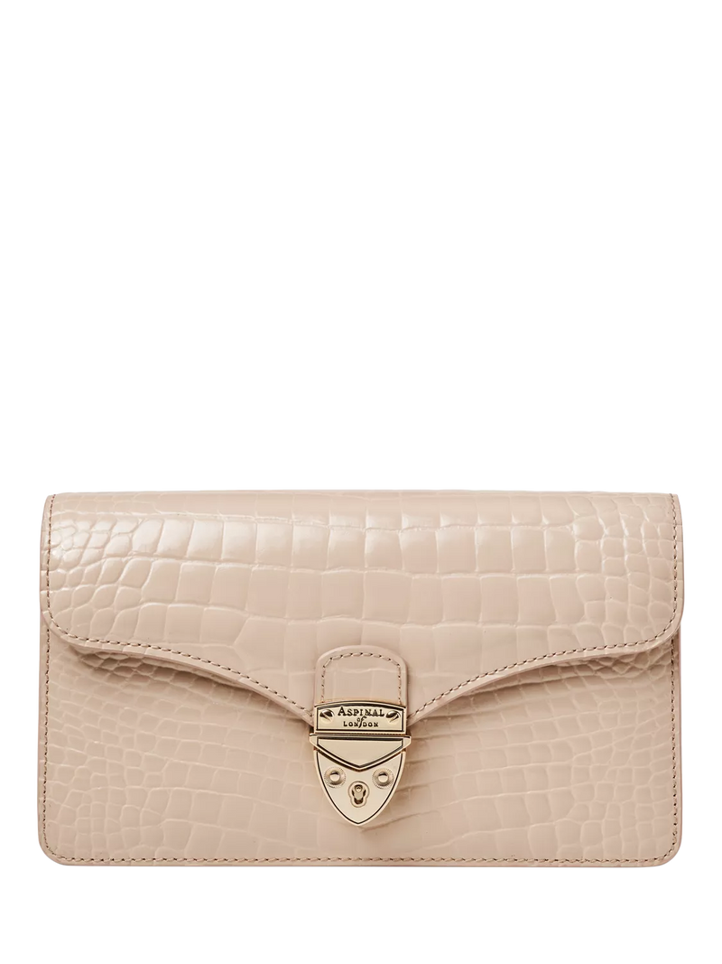 Aspinal of London Mayfair leather patent croc clutch bag taupe - British product