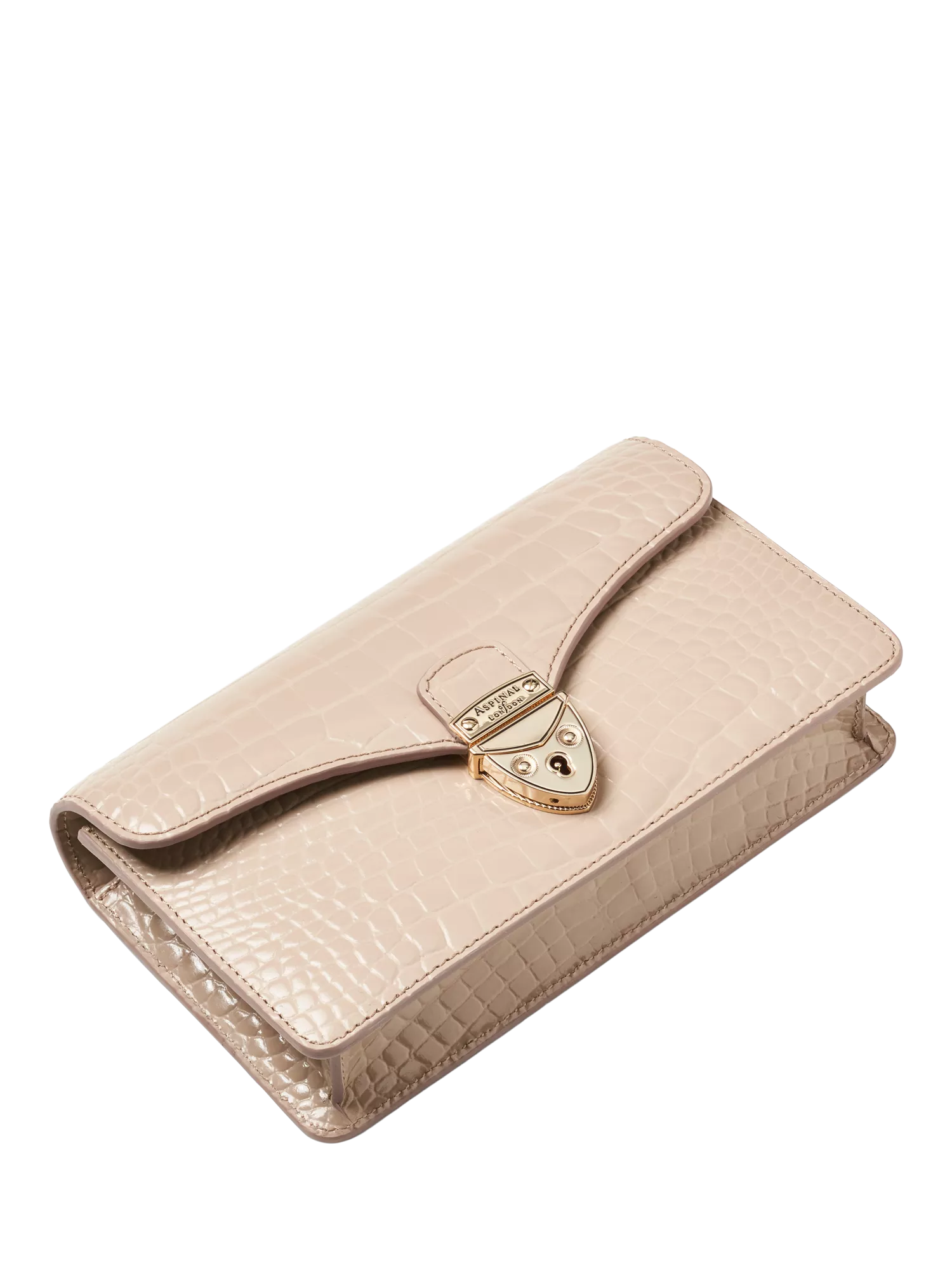 Aspinal of London Mayfair leather patent croc clutch bag taupe - British product
