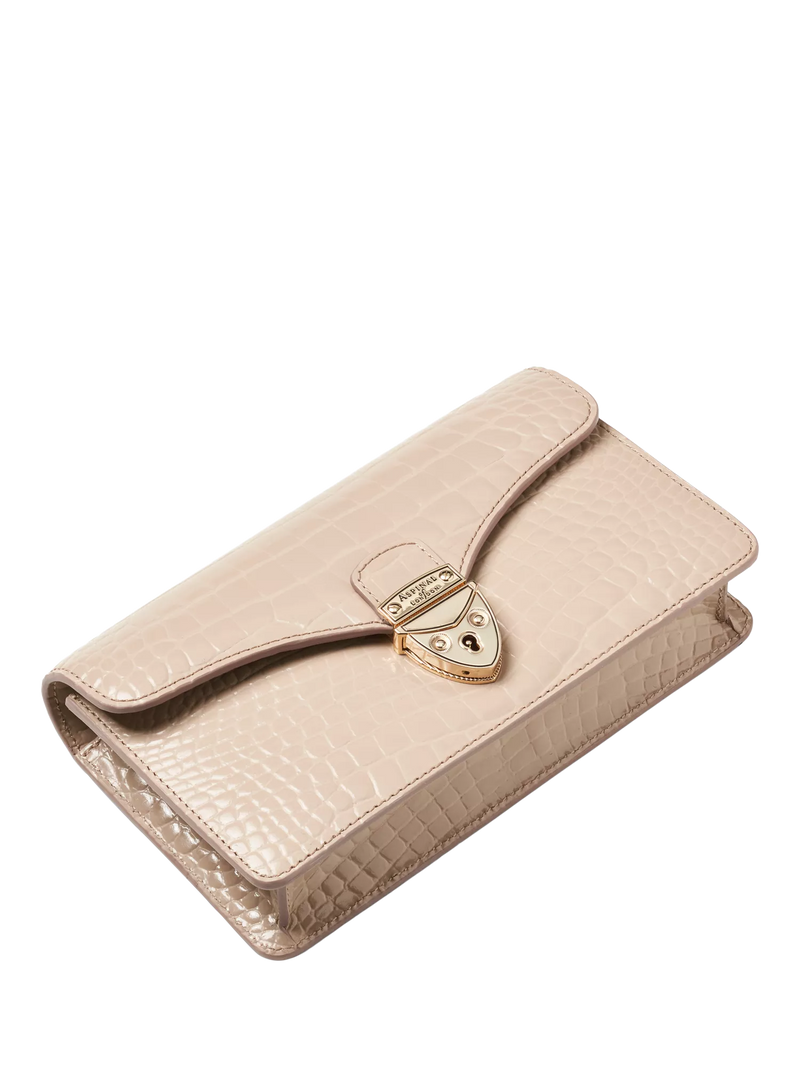 Aspinal of London Mayfair leather patent croc clutch bag taupe - British product