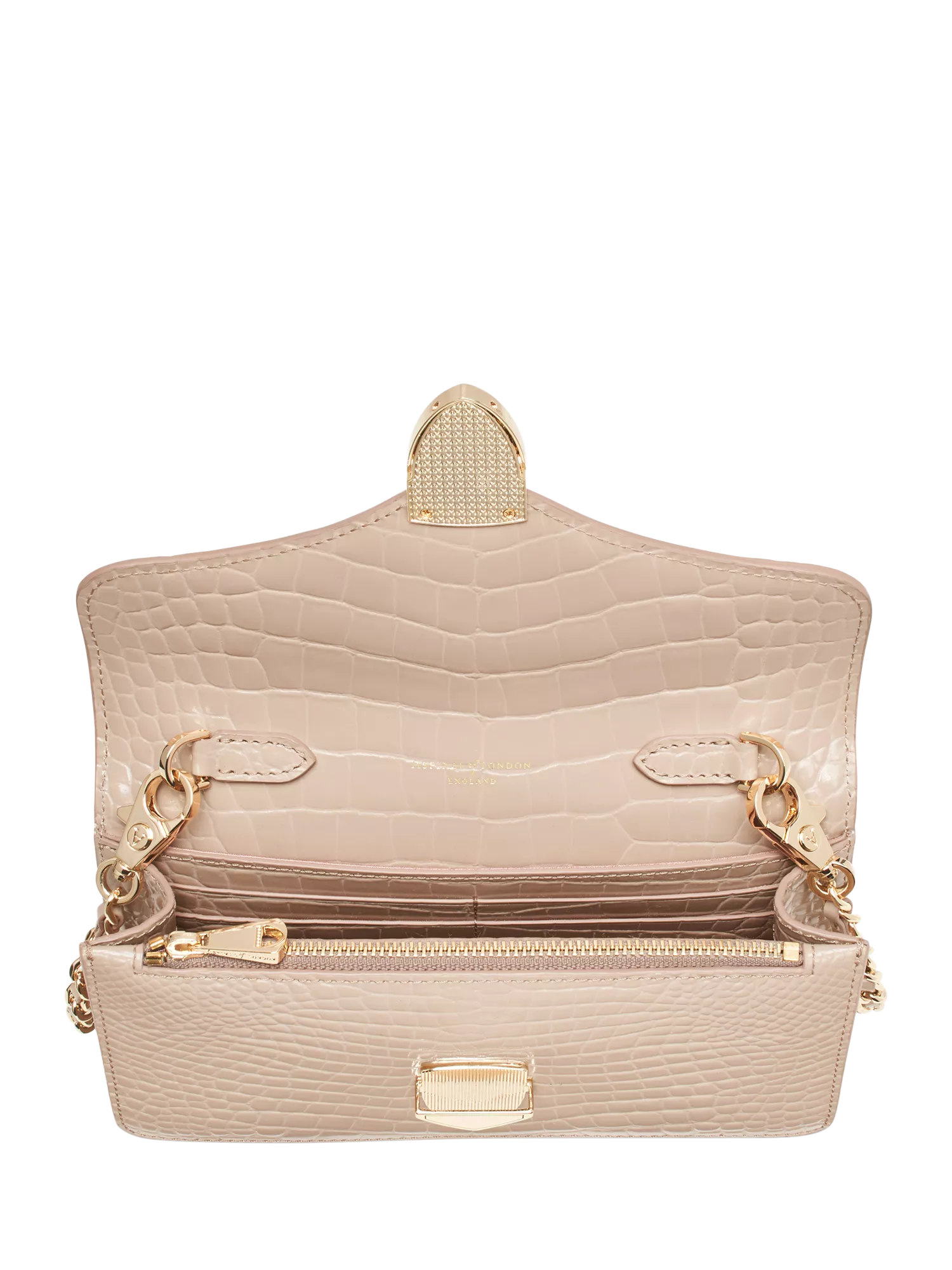 Aspinal of London Mayfair leather patent croc clutch bag taupe - British product