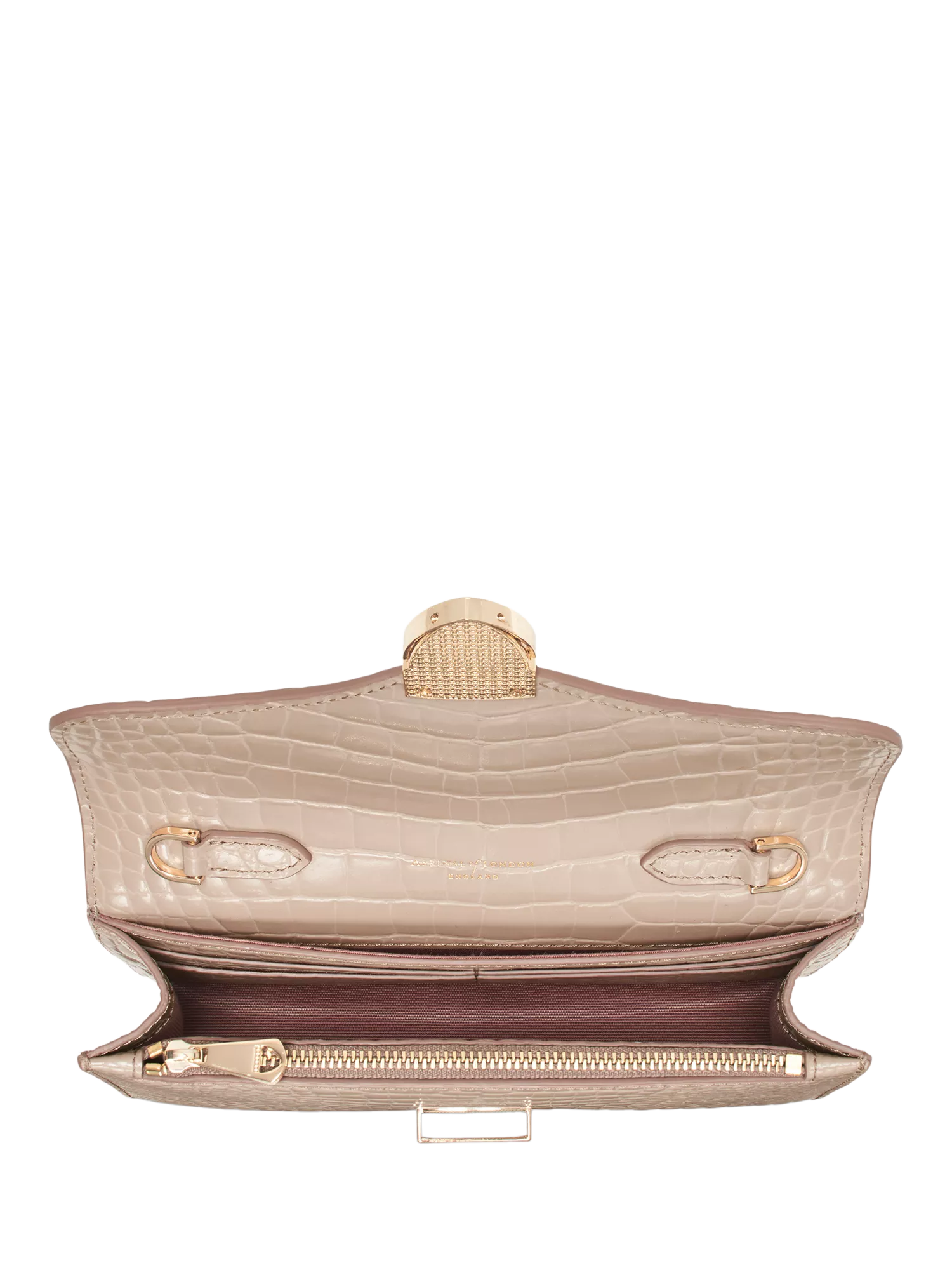 Aspinal of London Mayfair leather patent croc clutch bag taupe - British product