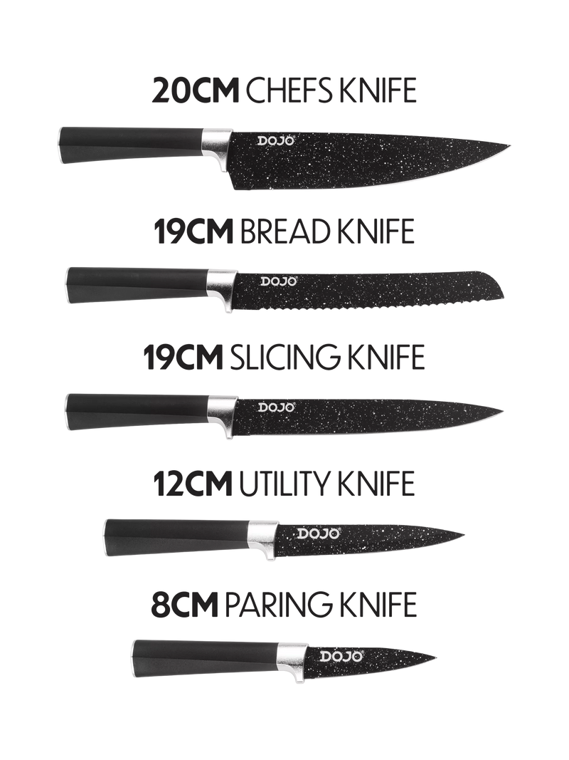 Dojo Yumi universal knife block with 5 non-stick kitchen knives (British brand)
