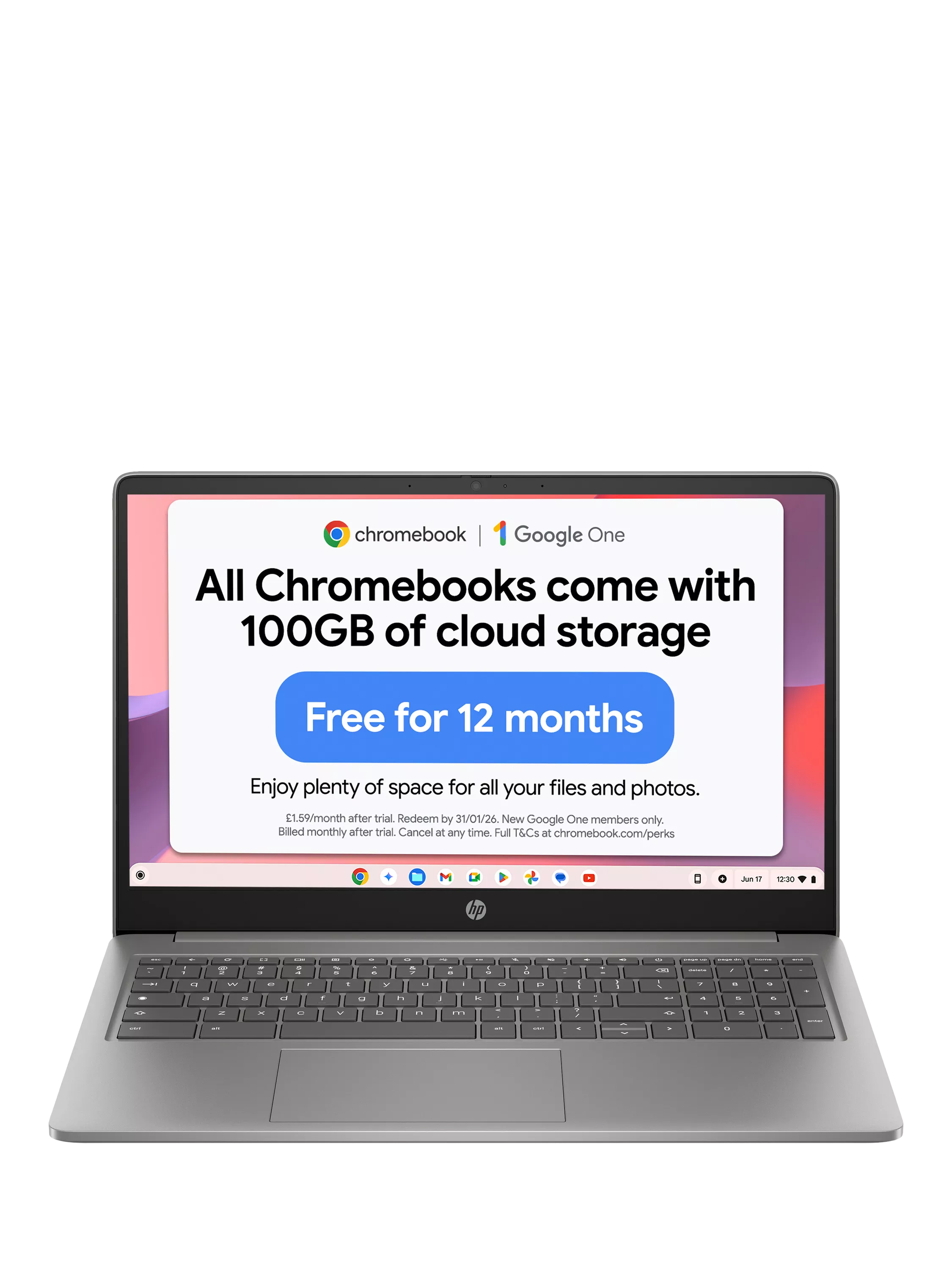 HP Chromebook 15 laptop Intel N100 processor 4GB RAM 128GB SSD, UK version
