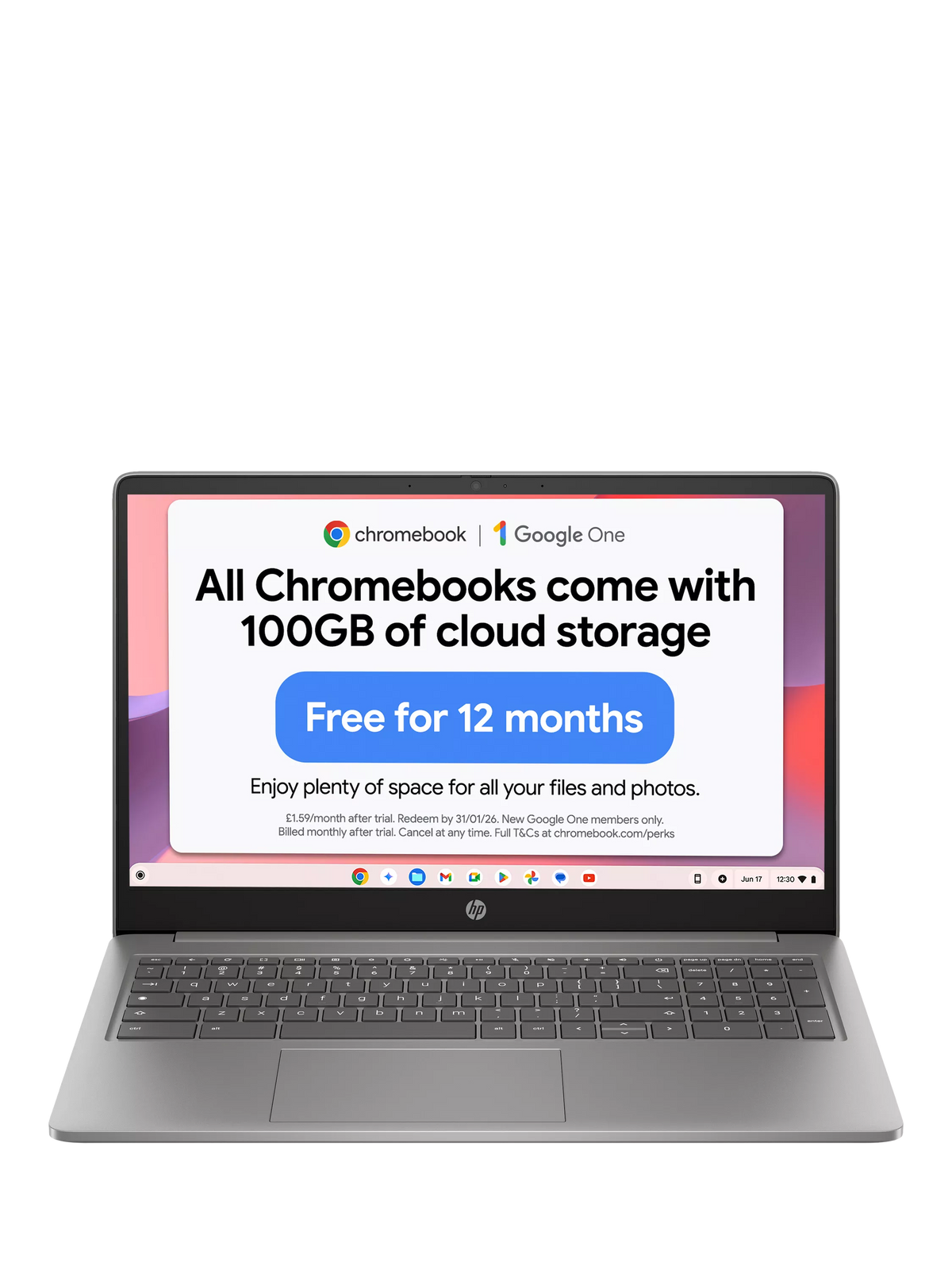 HP Chromebook 15 laptop Intel N100 processor 4GB RAM 128GB SSD, UK version