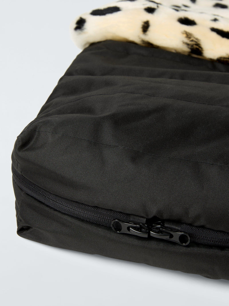 John Lewis sheepskin footmuff leopard spot, imported from the UK