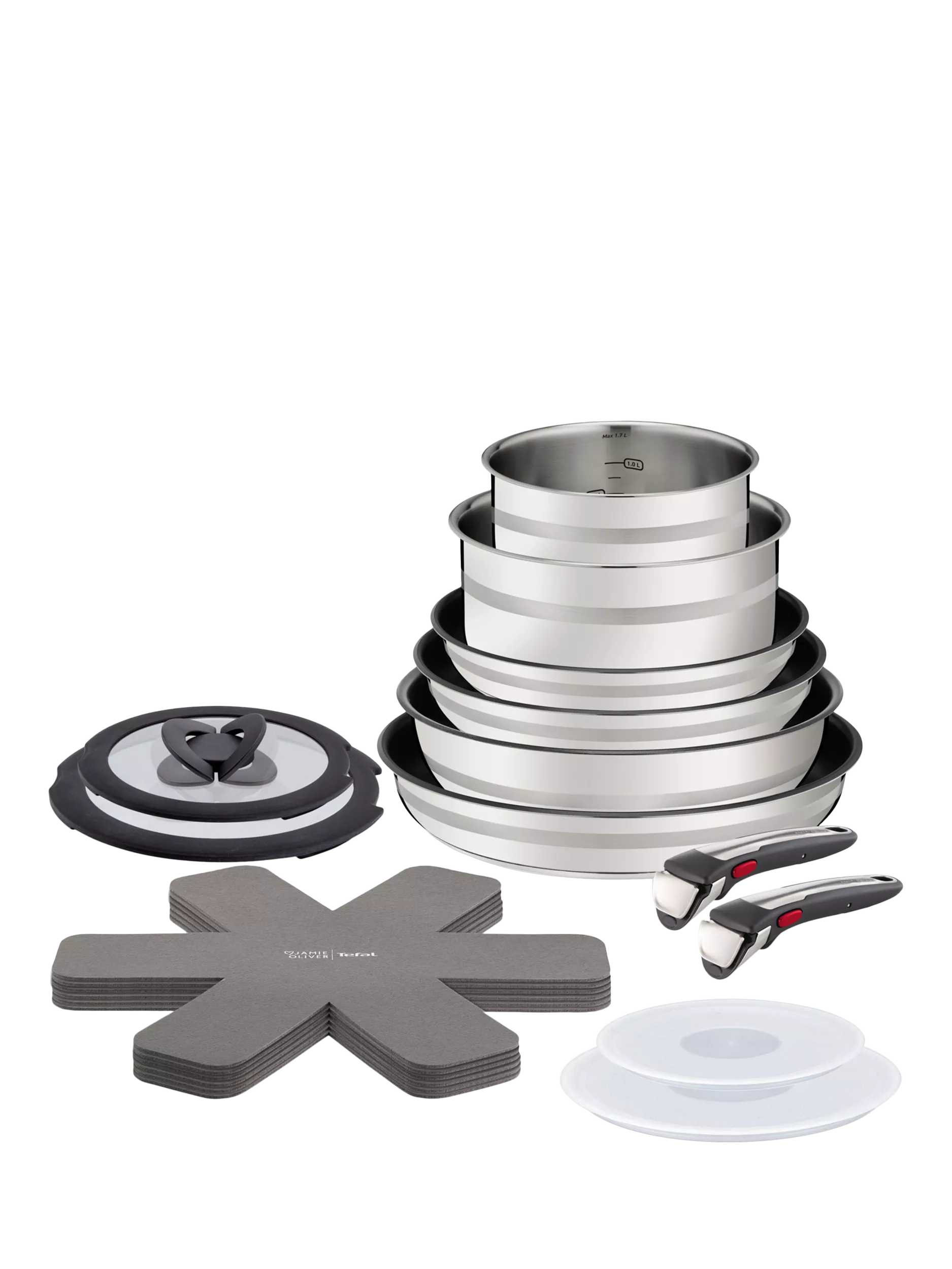 Tefal stainless steel cookware set with removable handles and wok, 18-piece, UK version