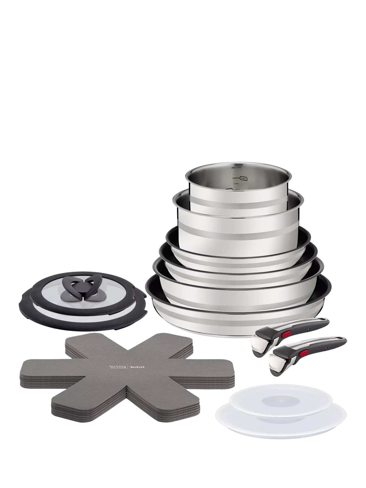 Tefal stainless steel cookware set with removable handles and wok, 18-piece, UK version