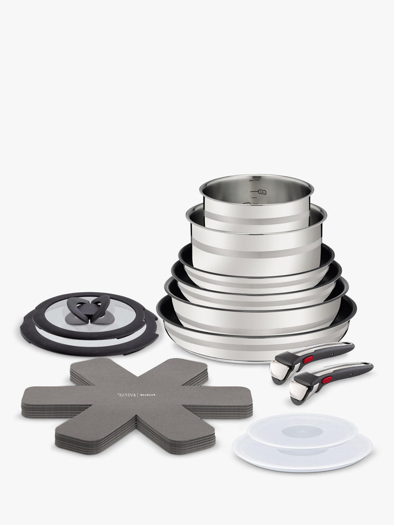 Tefal stainless steel cookware set with removable handles and wok, 18-piece, UK version
