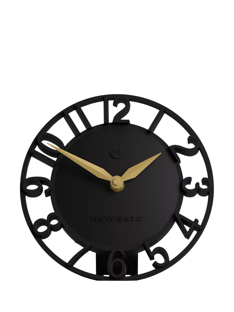 Newgate Timewarp mantel clock in black with gold-tone hands (British brand)