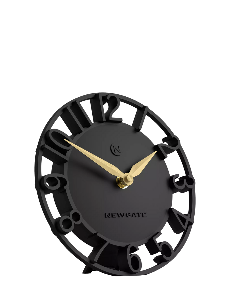 Newgate Timewarp mantel clock in black with gold-tone hands (British brand)