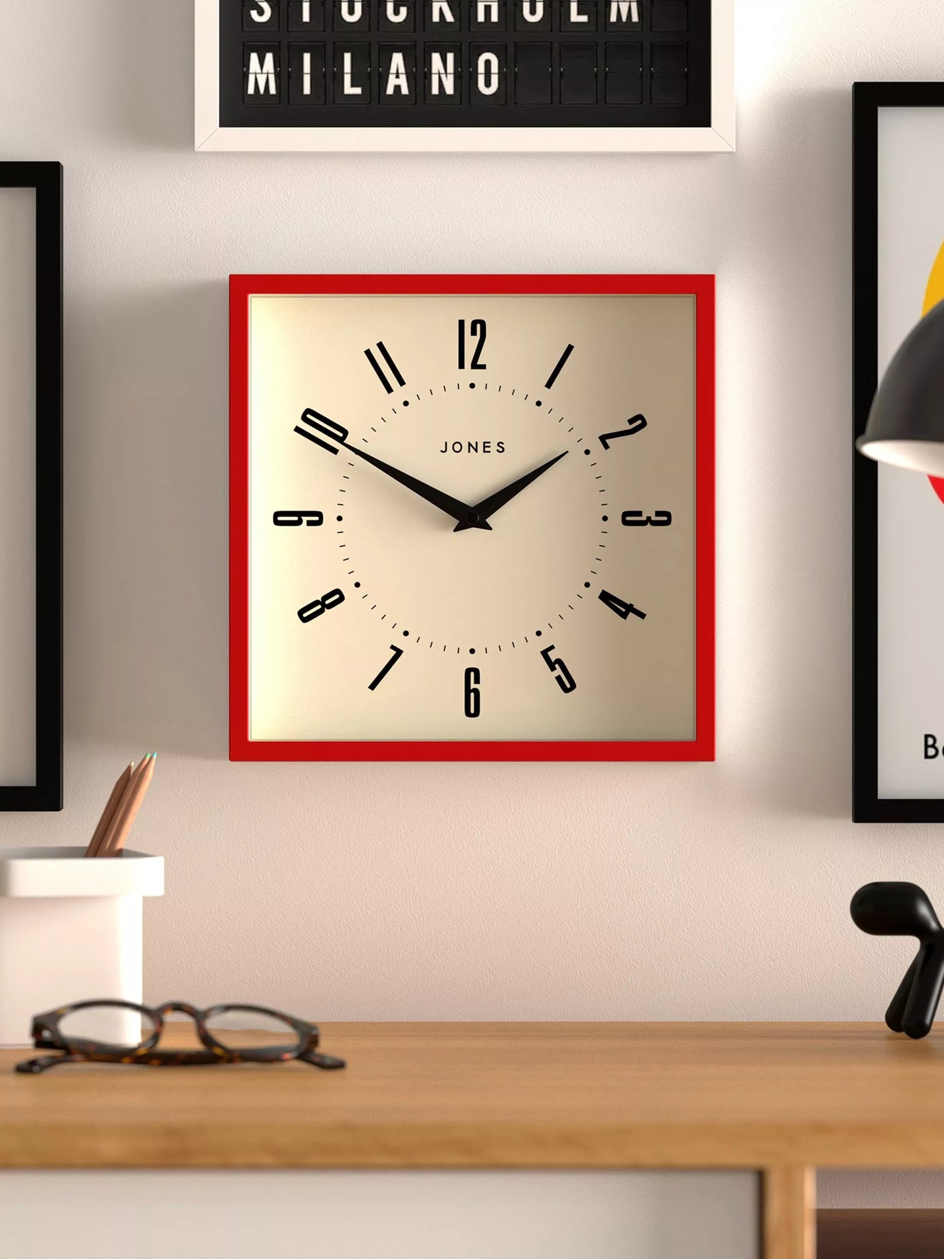 Jones Clocks wall clock engine red square British brand