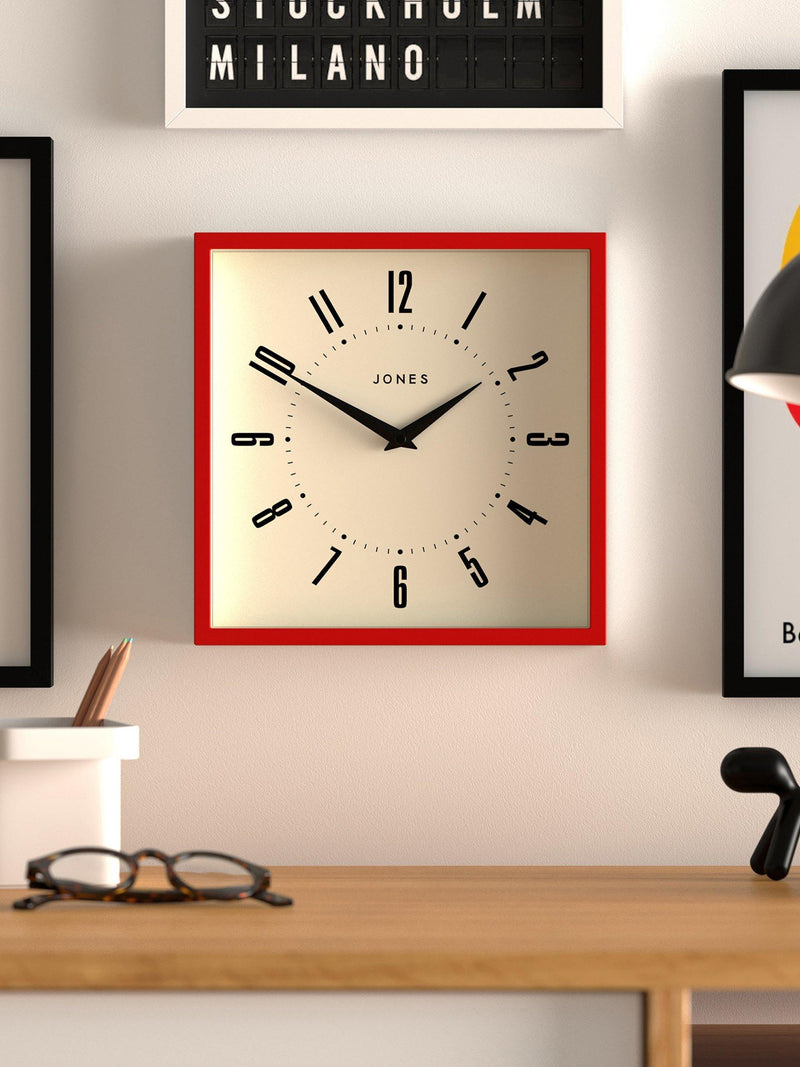 Jones Clocks wall clock engine red square British brand