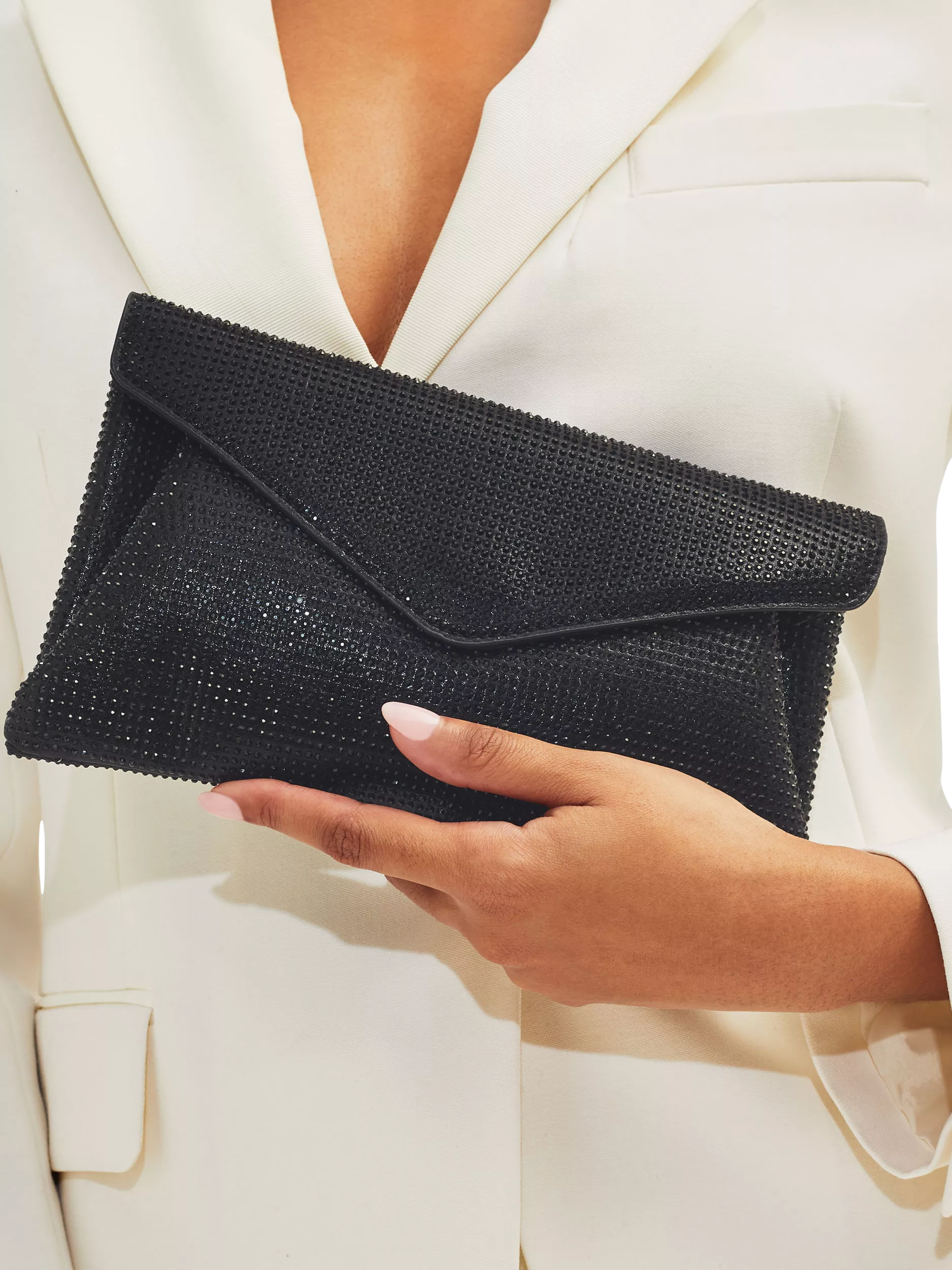Carvela Stargaze crystal embellished envelope clutch bag, black, UK version