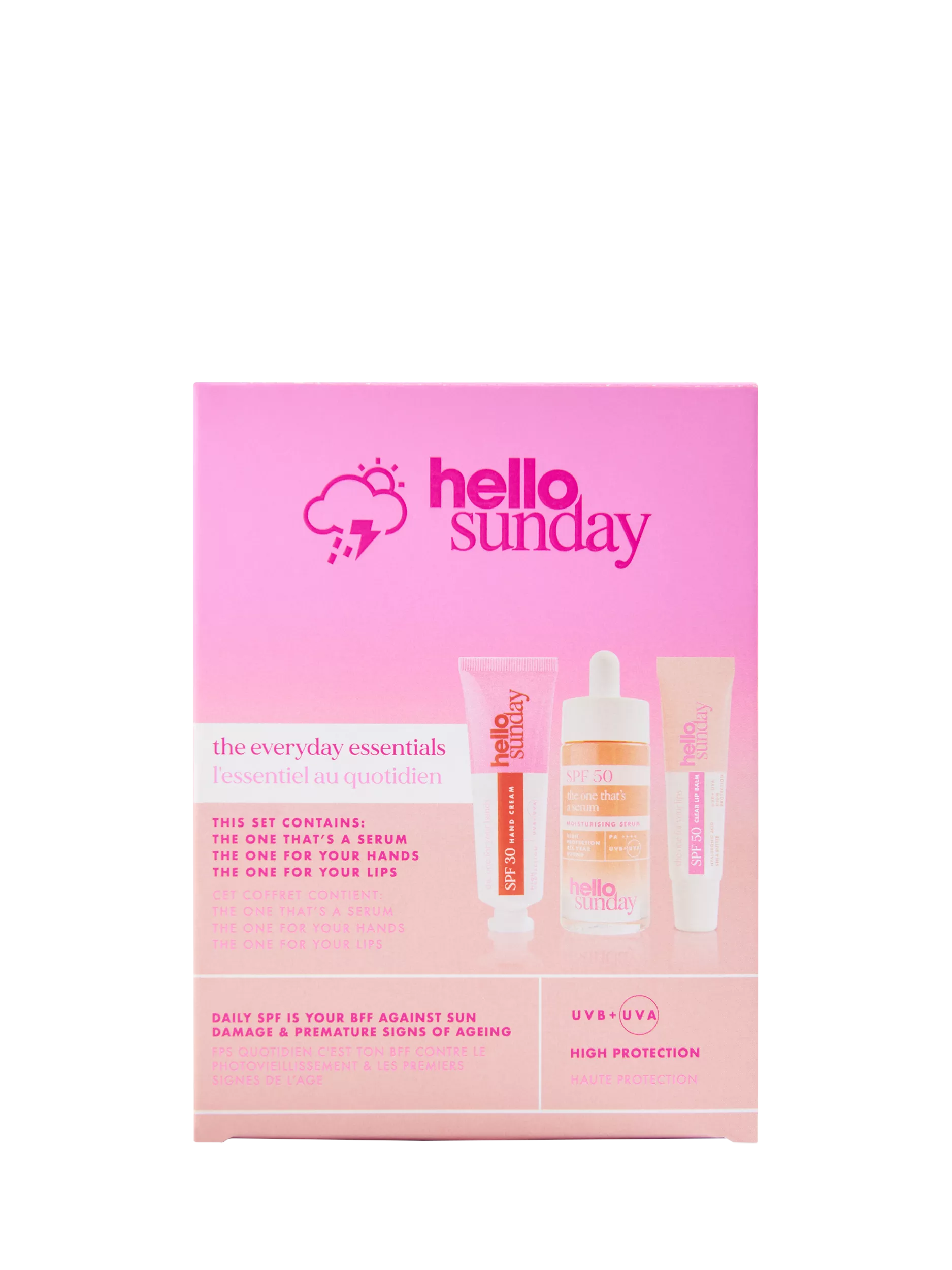 Hello Sunday Everyday Essentials skincare gift set with SPF50, imported from the UK