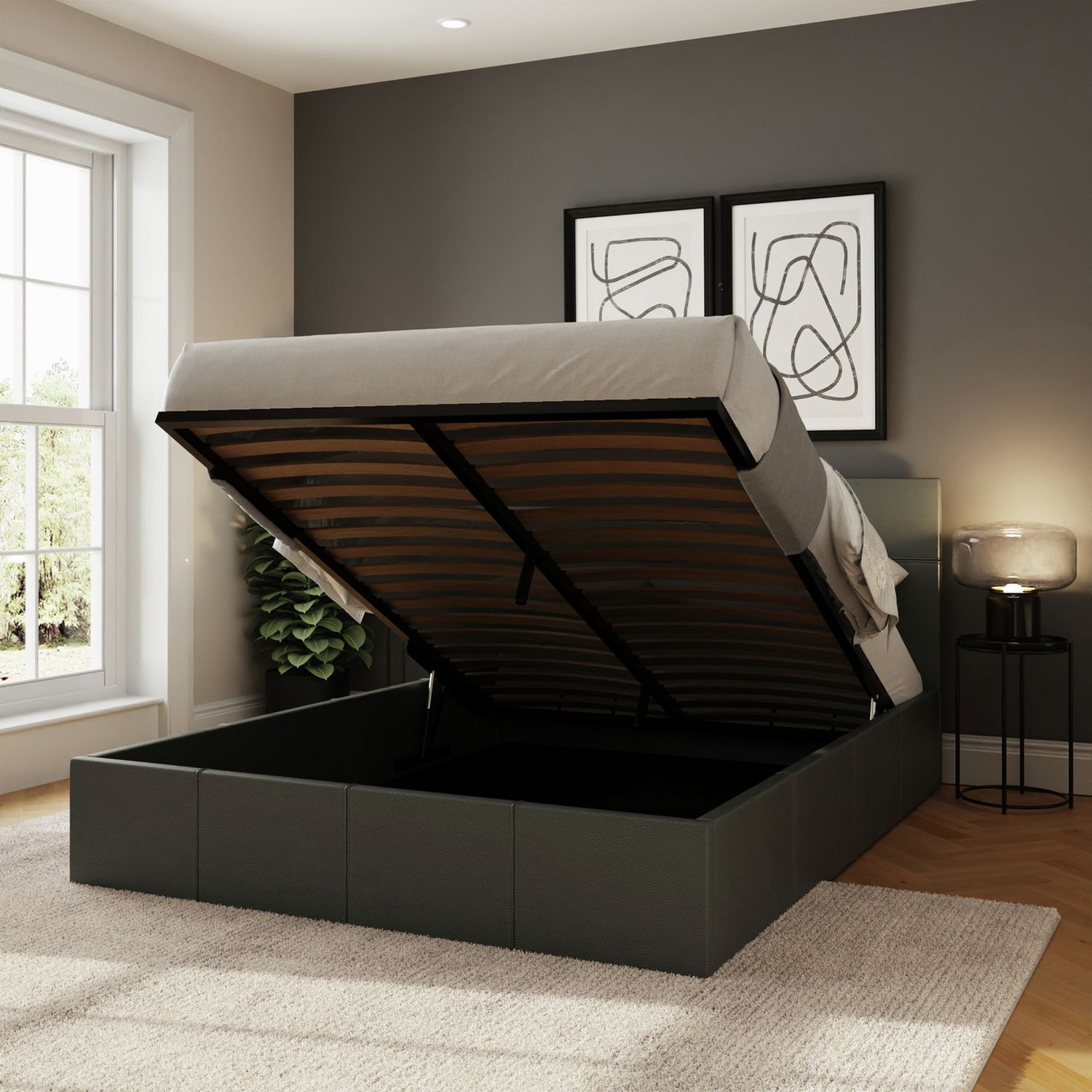 GFW End Lift Kingsize Faux Leather Ottoman Bed - Grey
