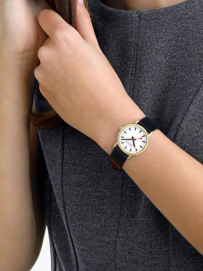 Mondaine classic watch 30mm black vegan leather strap - British product