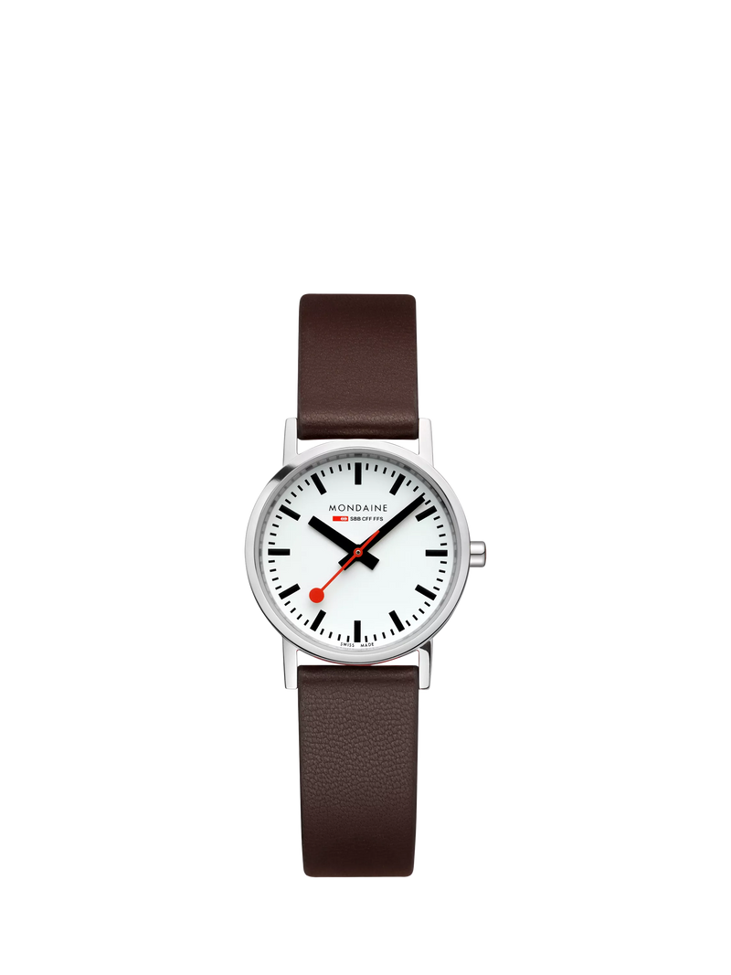Mondaine women's classic watch 30mm brown vegan leather strap, imported from the UK
