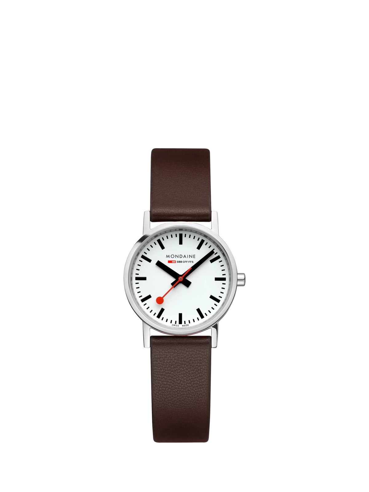 Mondaine women's classic watch 30mm brown vegan leather strap, imported from the UK