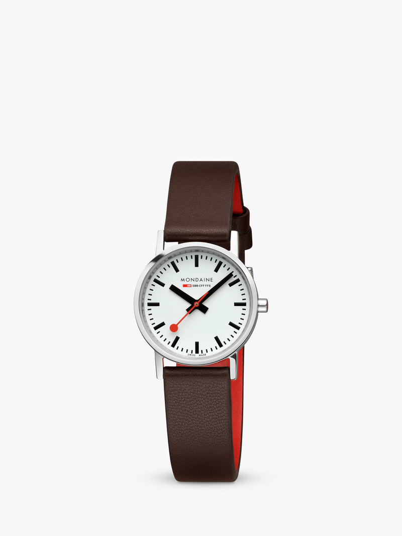 Mondaine women's classic watch 30mm brown vegan leather strap, imported from the UK