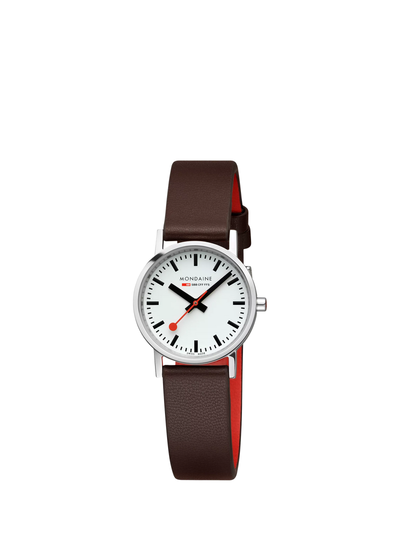 Mondaine women's classic watch 30mm brown vegan leather strap, imported from the UK
