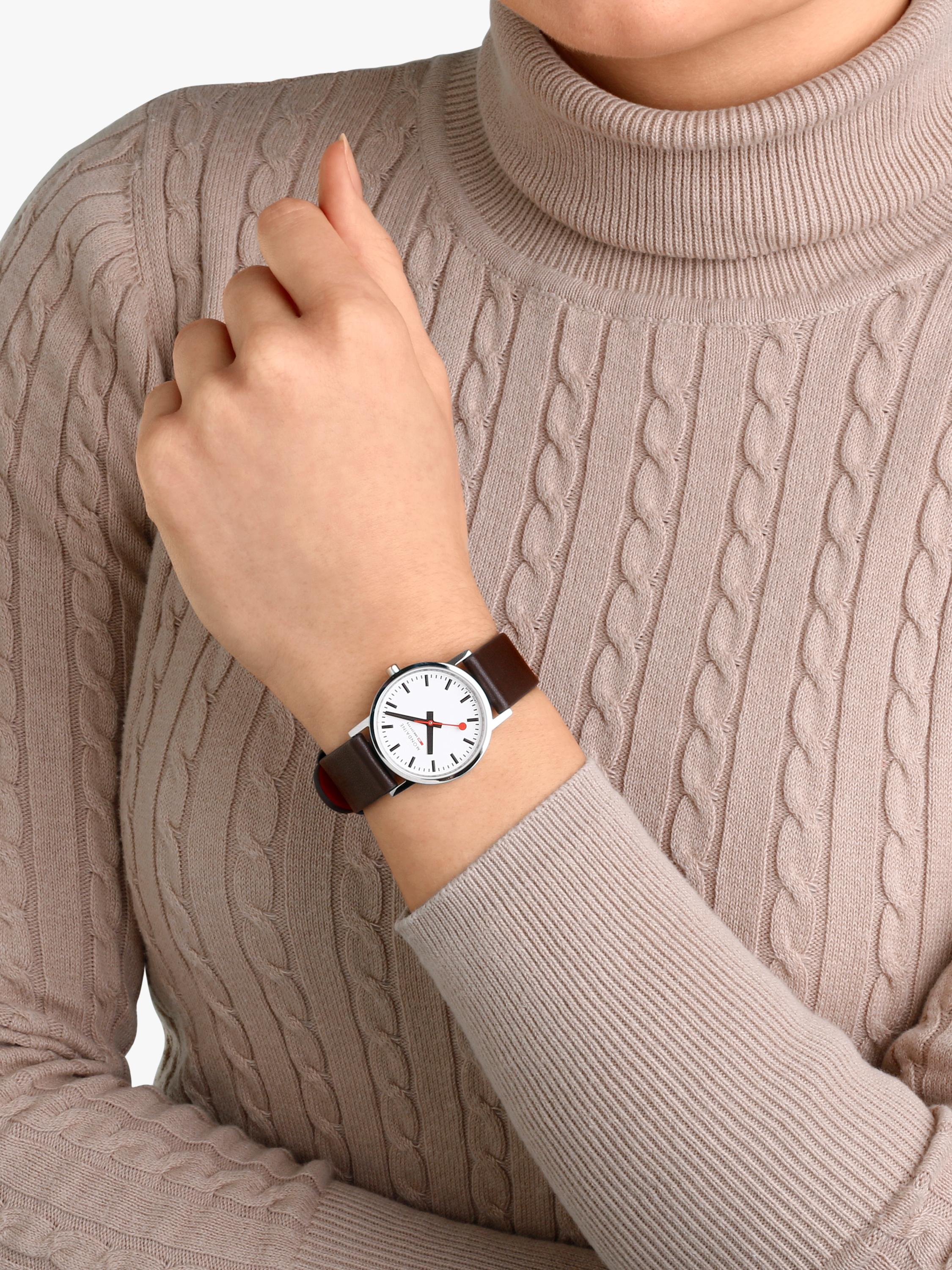 Mondaine women's classic watch 30mm brown vegan leather strap, imported from the UK