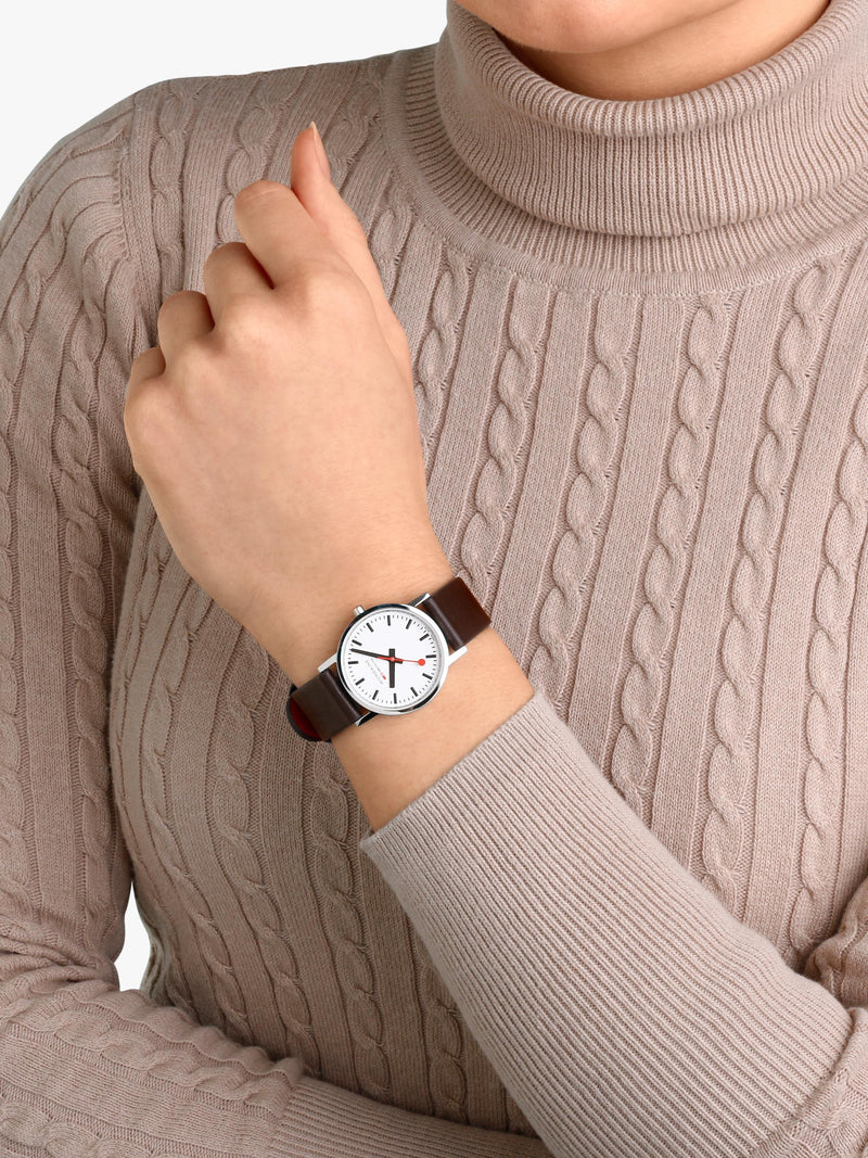 Mondaine women's classic watch 30mm brown vegan leather strap, imported from the UK