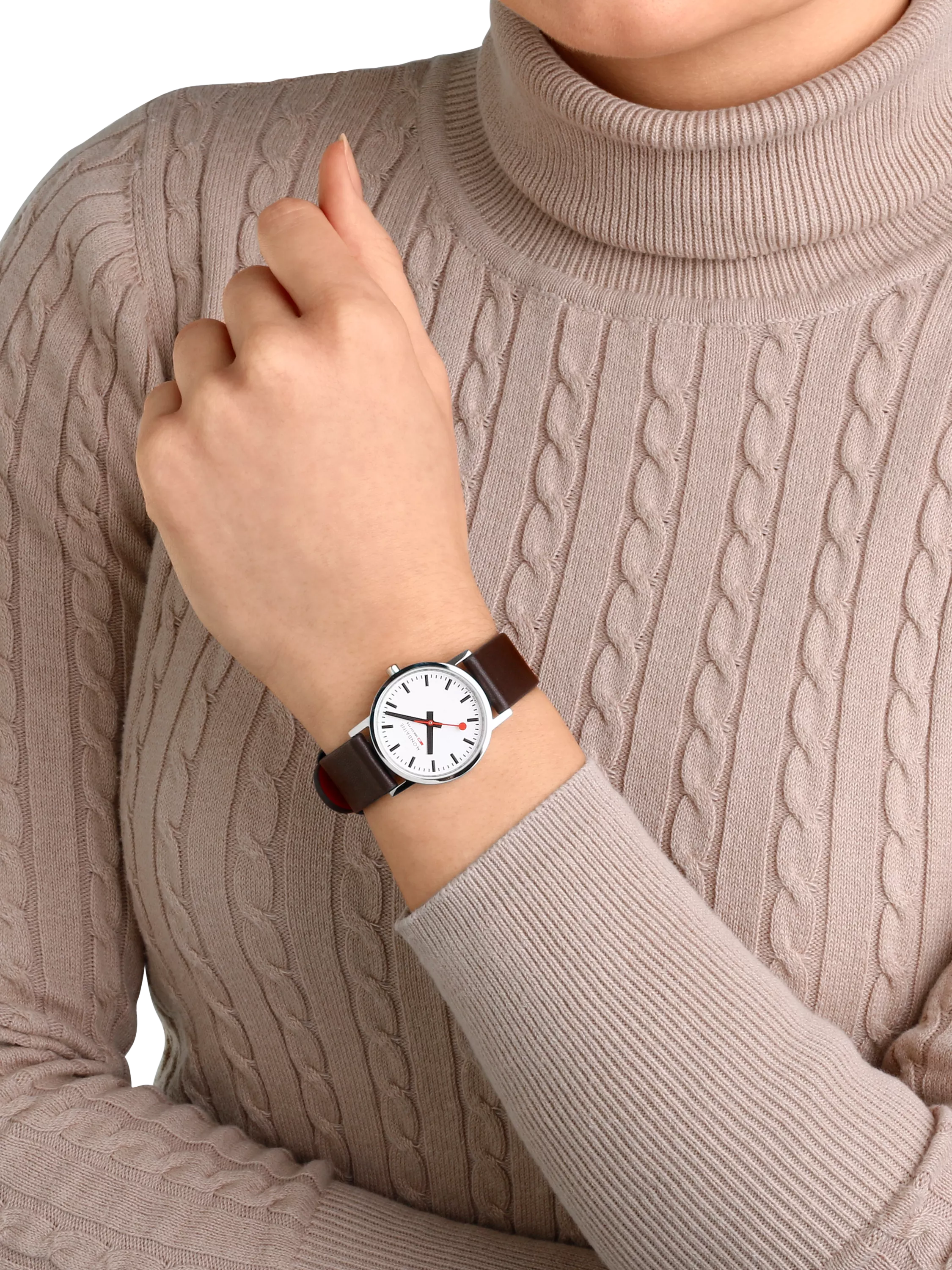 Mondaine women's classic watch 30mm brown vegan leather strap, imported from the UK