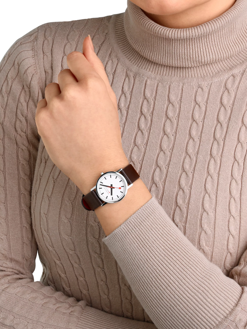 Mondaine women's classic watch 30mm brown vegan leather strap, imported from the UK
